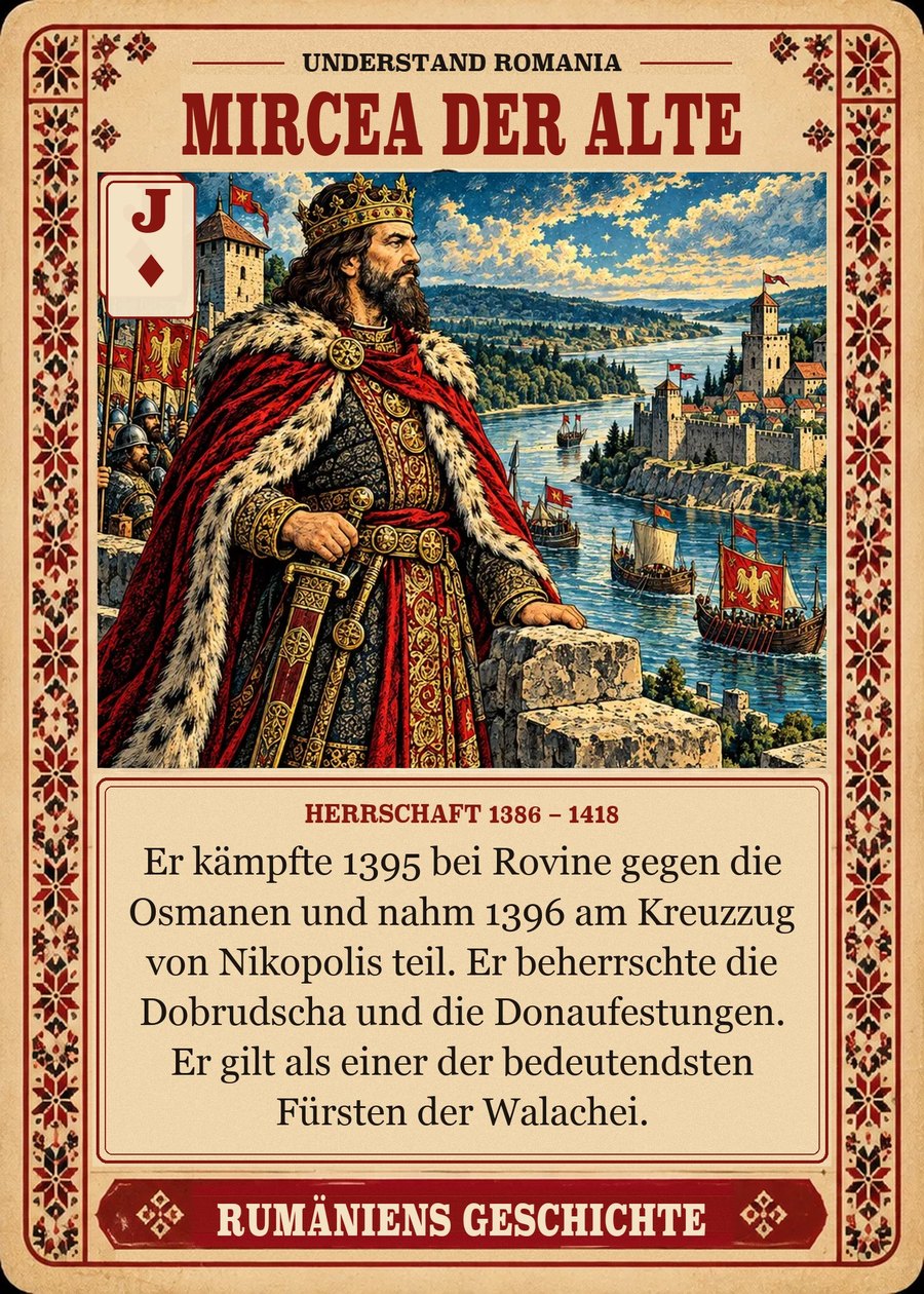MIRCEA DER ALTE — Herrschaft 1386 – 1418. Er kämpfte 1395 bei Rovine gegen die Osmanen und nahm 1396 am Kreuzzug von Nikopolis teil. Er beherrschte die Dobrudscha und die Donaufestungen. Er gilt als einer der bedeutendsten Fürsten der Walachei.