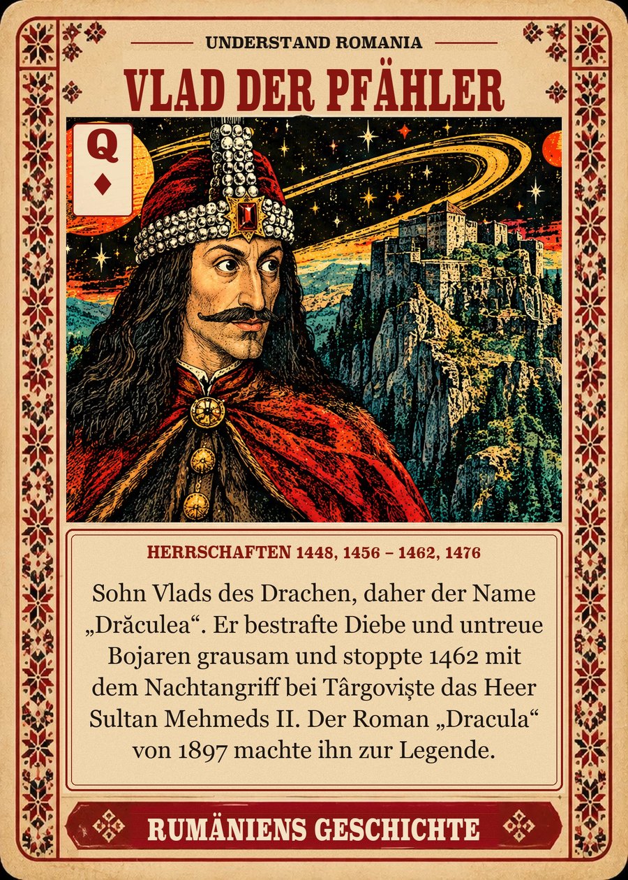 VLAD DER PFÄHLER — Herrschaften 1448, 1456 – 1462, 1476. Sohn Vlads des Drachen, daher der Name „Drăculea“. Er bestrafte Diebe und untreue Bojaren grausam und stoppte 1462 mit dem Nachtangriff bei Târgoviște das Heer Sultan Mehmeds II. Der Roman „Dracula“ von 1897 machte ihn zur Legende.