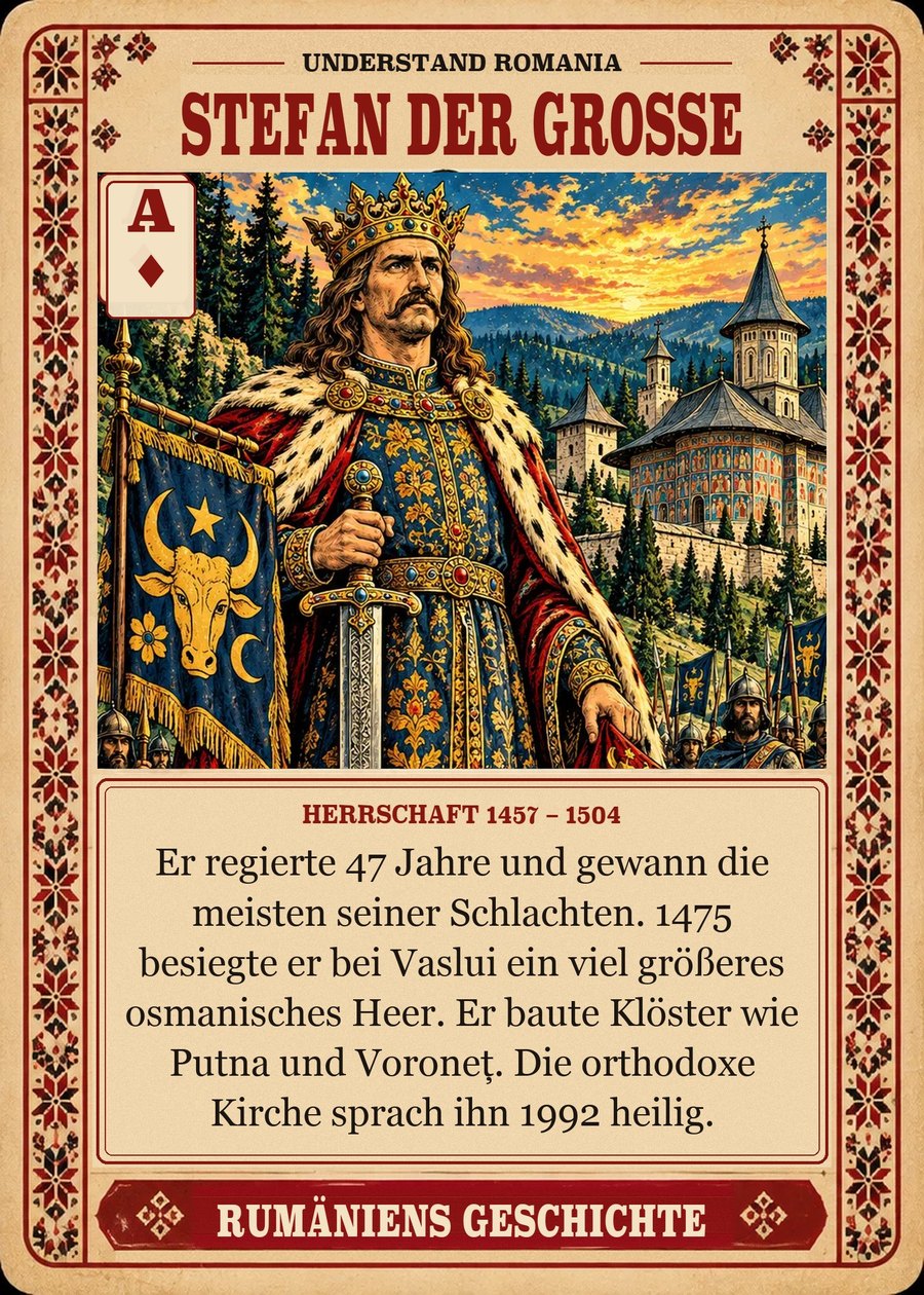 STEFAN DER GROSSE — Herrschaft 1457 – 1504. Er regierte 47 Jahre und gewann die meisten seiner Schlachten. 1475 besiegte er bei Vaslui ein viel größeres osmanisches Heer. Er baute Klöster wie Putna und Voroneț. Die orthodoxe Kirche sprach ihn 1992 heilig.