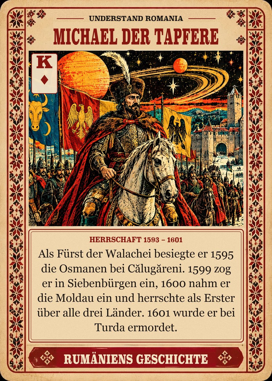 MICHAEL DER TAPFERE — Herrschaft 1593 – 1601. Als Fürst der Walachei besiegte er 1595 die Osmanen bei Călugăreni. 1599 zog er in Siebenbürgen ein, 1600 nahm er die Moldau ein und herrschte als Erster über alle drei Länder. 1601 wurde er bei Turda ermordet.