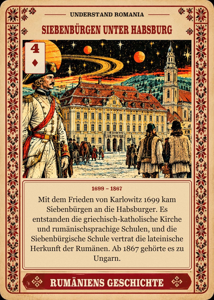 SIEBENBÜRGEN UNTER HABSBURG — 1699 – 1867. Mit dem Frieden von Karlowitz 1699 kam Siebenbürgen an die Habsburger. Es entstanden die griechisch-katholische Kirche und rumänischsprachige Schulen, und die Siebenbürgische Schule vertrat die lateinische Herkunft der Rumänen. Ab 1867 gehörte es zu Ungarn.