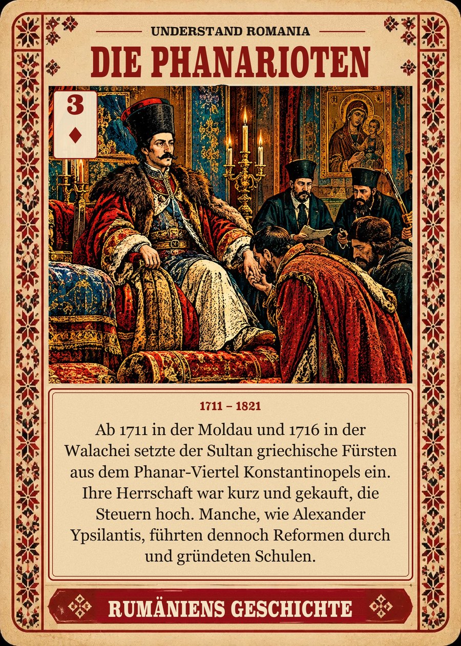 DIE PHANARIOTEN — 1711 – 1821. Ab 1711 in der Moldau und 1716 in der Walachei setzte der Sultan griechische Fürsten aus dem Phanar-Viertel Konstantinopels ein. Ihre Herrschaft war kurz und gekauft, die Steuern hoch. Manche, wie Alexander Ypsilantis, führten dennoch Reformen durch und gründeten Schulen.