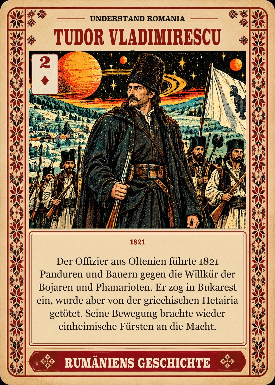 TUDOR VLADIMIRESCU — 1821. Der Offizier aus Oltenien führte 1821 Panduren und Bauern gegen die Willkür der Bojaren und Phanarioten. Er zog in Bukarest ein, wurde aber von der griechischen Hetairia getötet. Seine Bewegung brachte wieder einheimische Fürsten an die Macht.