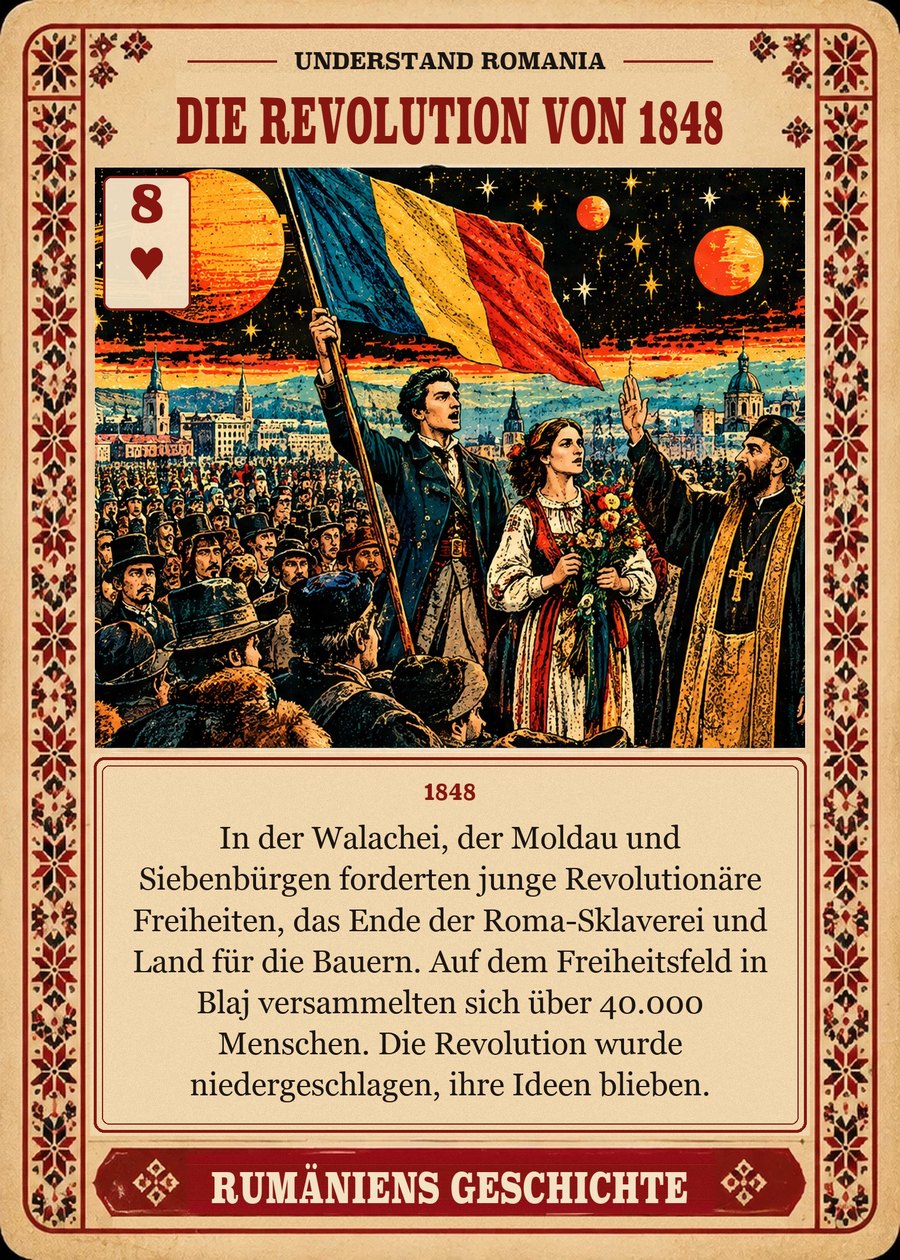 DIE REVOLUTION VON 1848 — 1848. In der Walachei, der Moldau und Siebenbürgen forderten junge Revolutionäre Freiheiten, das Ende der Roma-Sklaverei und Land für die Bauern. Auf dem Freiheitsfeld in Blaj versammelten sich über 40.000 Menschen. Die Revolution wurde niedergeschlagen, ihre Ideen blieben.