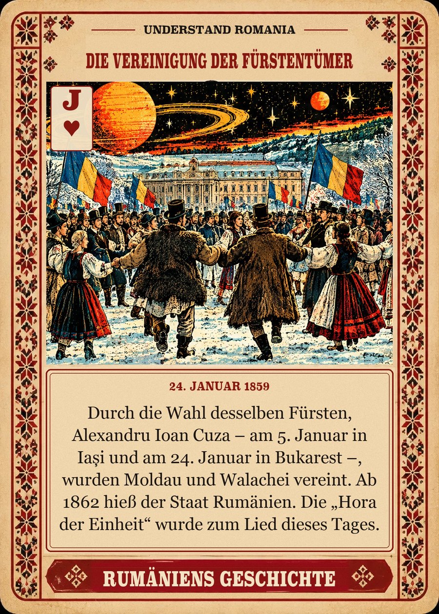 DIE VEREINIGUNG DER FÜRSTENTÜMER — 24. Januar 1859. Durch die Wahl desselben Fürsten, Alexandru Ioan Cuza – am 5. Januar in Iași und am 24. Januar in Bukarest –, wurden Moldau und Walachei vereint. Ab 1862 hieß der Staat Rumänien. Die „Hora der Einheit“ wurde zum Lied dieses Tages.