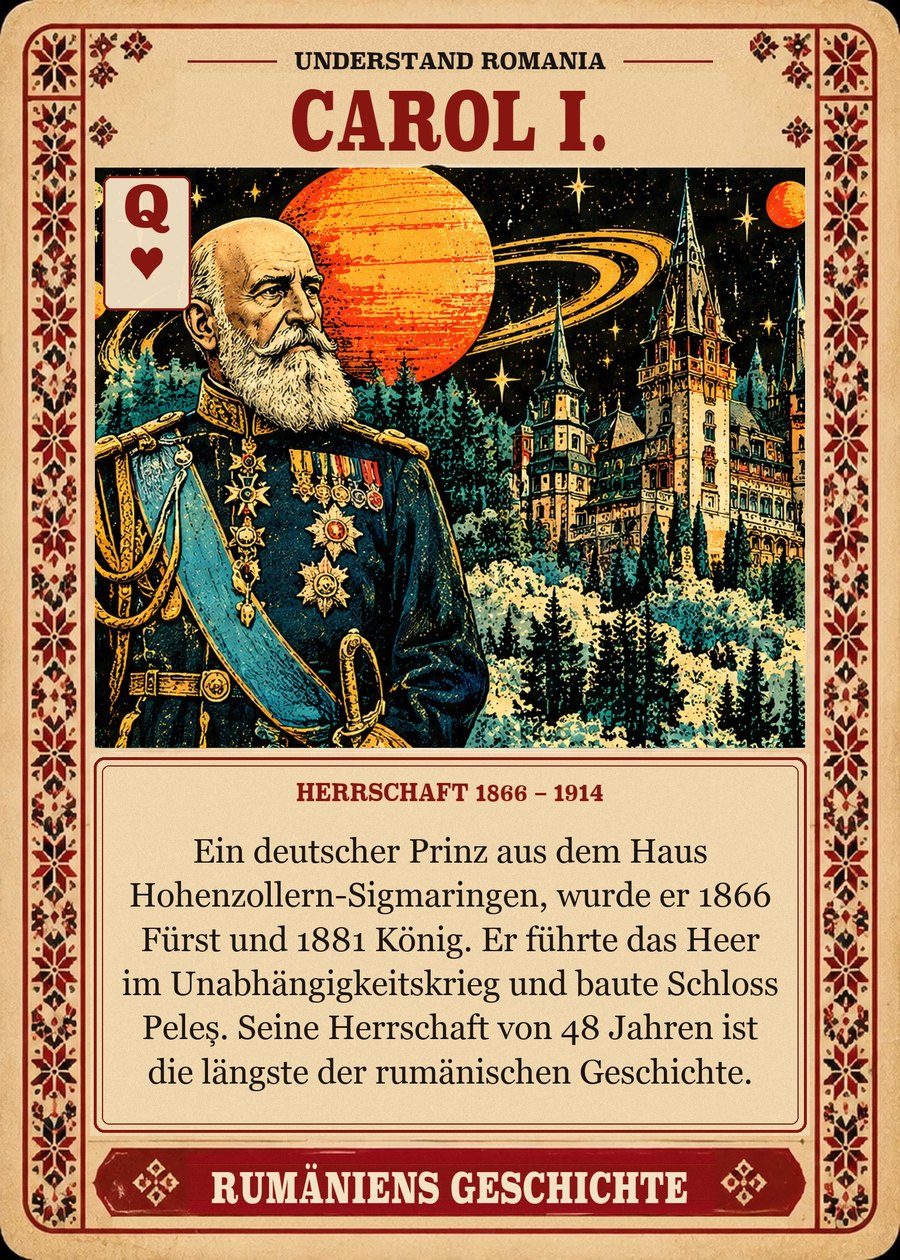 CAROL I. — Herrschaft 1866 – 1914. Ein deutscher Prinz aus dem Haus Hohenzollern-Sigmaringen, wurde er 1866 Fürst und 1881 König. Er führte das Heer im Unabhängigkeitskrieg und baute Schloss Peleș. Seine Herrschaft von 48 Jahren ist die längste der rumänischen Geschichte.