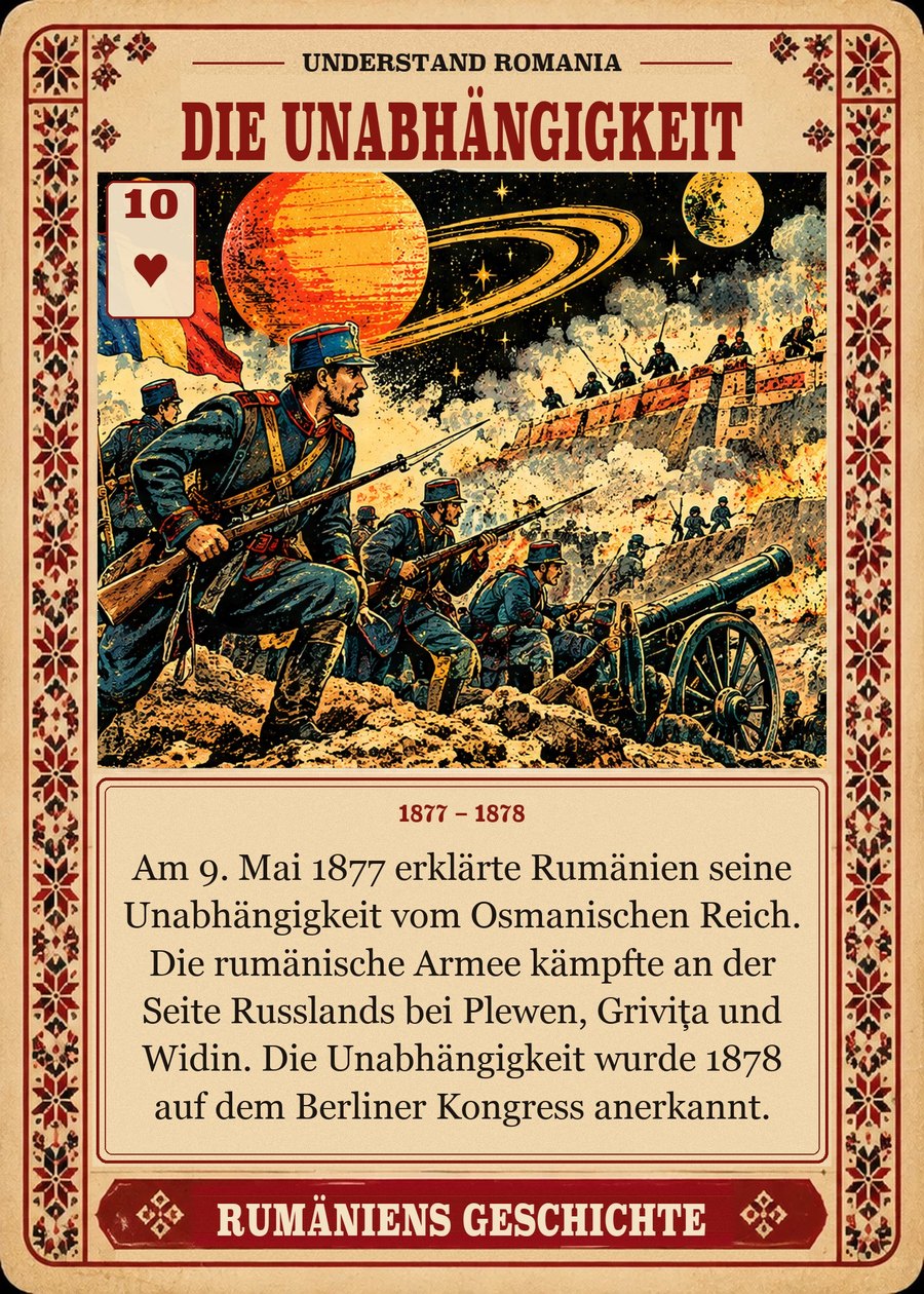 DIE UNABHÄNGIGKEIT — 1877 – 1878. Am 9. Mai 1877 erklärte Rumänien seine Unabhängigkeit vom Osmanischen Reich. Die rumänische Armee kämpfte an der Seite Russlands bei Plewen, Grivița und Widin. Die Unabhängigkeit wurde 1878 auf dem Berliner Kongress anerkannt.