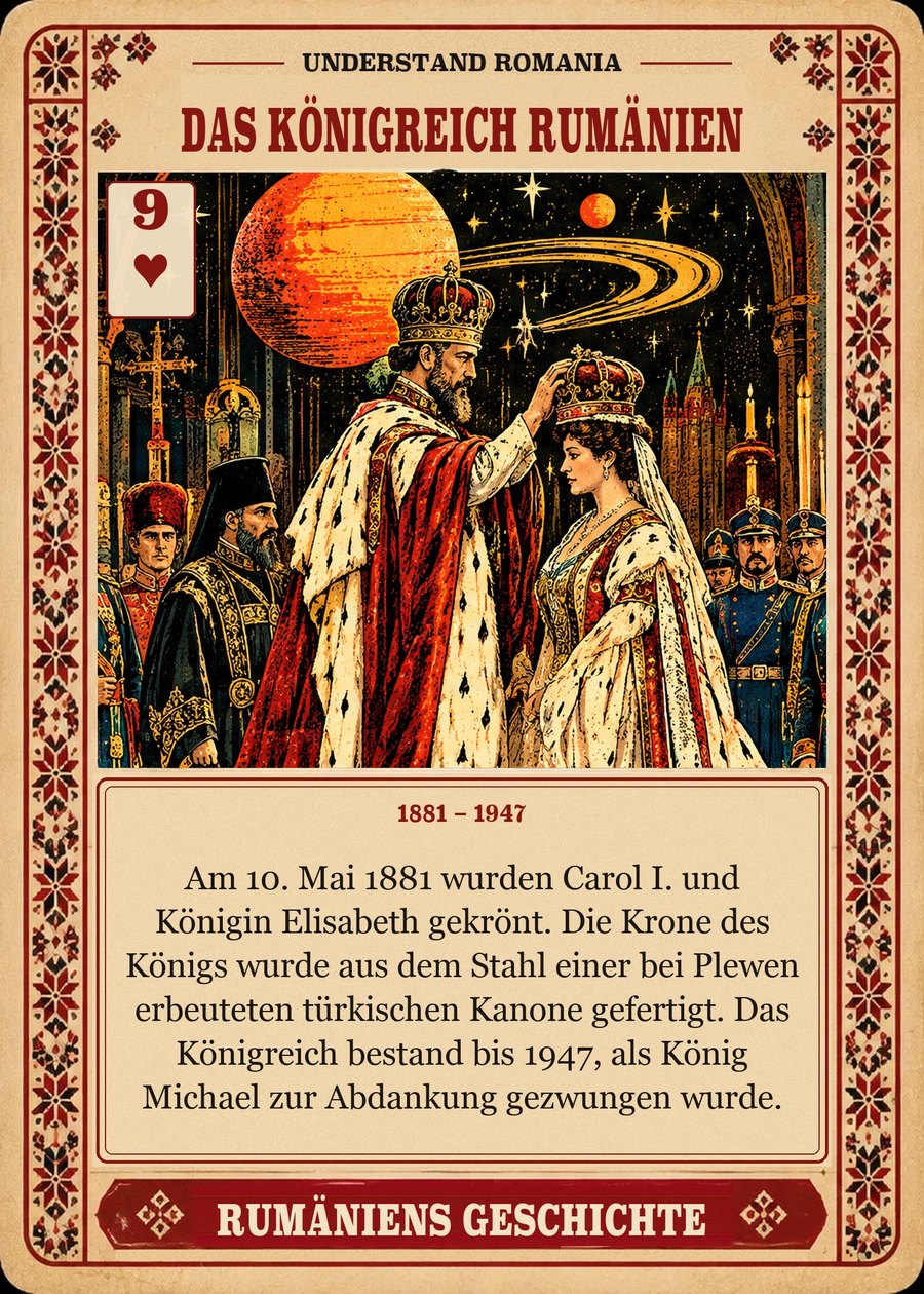 DAS KÖNIGREICH RUMÄNIEN — 1881 – 1947. Am 10. Mai 1881 wurden Carol I. und Königin Elisabeth gekrönt. Die Krone des Königs wurde aus dem Stahl einer bei Plewen erbeuteten türkischen Kanone gefertigt. Das Königreich bestand bis 1947, als König Michael zur Abdankung gezwungen wurde.
