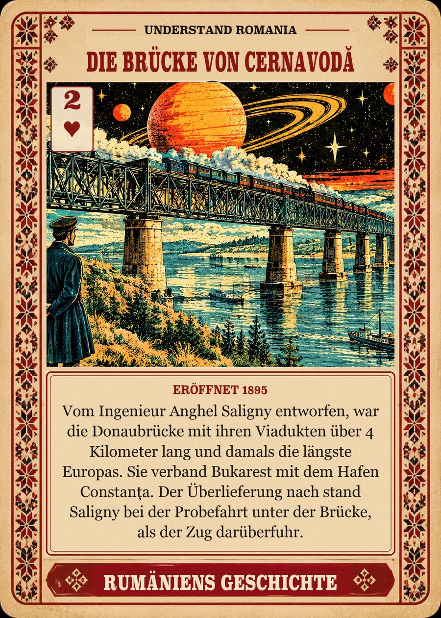 DIE BRÜCKE VON CERNAVODĂ — eröffnet 1895. Vom Ingenieur Anghel Saligny entworfen, war die Donaubrücke mit ihren Viadukten über 4 Kilometer lang und damals die längste Europas. Sie verband Bukarest mit dem Hafen Constanța. Der Überlieferung nach stand Saligny bei der Probefahrt unter der Brücke, als der Zug darüberfuhr.