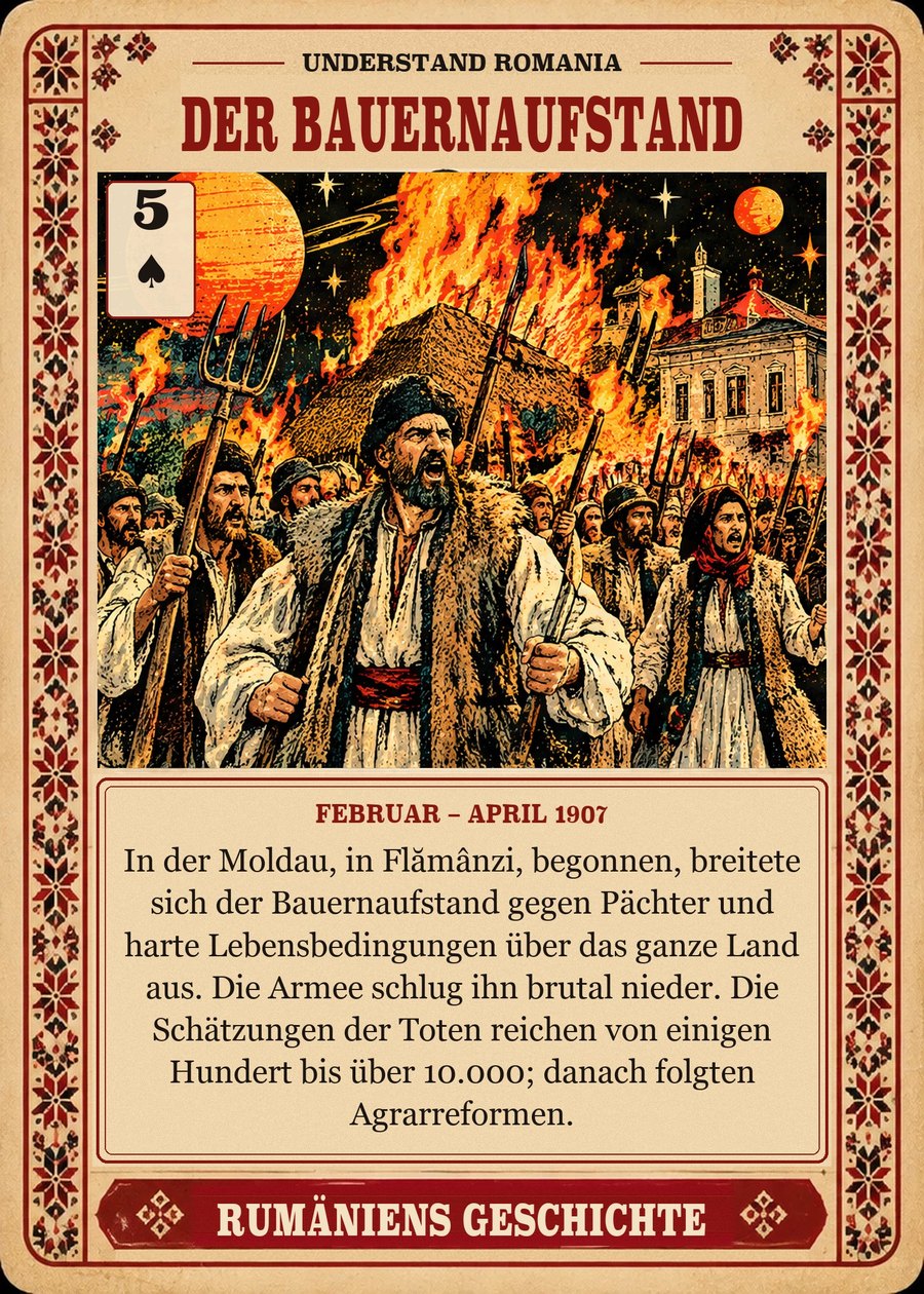 DER BAUERNAUFSTAND — Februar – April 1907. In der Moldau, in Flămânzi, begonnen, breitete sich der Bauernaufstand gegen Pächter und harte Lebensbedingungen über das ganze Land aus. Die Armee schlug ihn brutal nieder. Die Schätzungen der Toten reichen von einigen Hundert bis über 10.000; danach folgten Agrarreformen.