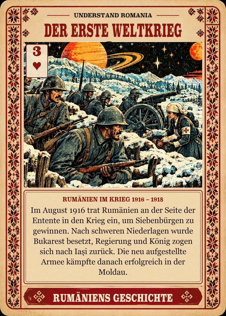 DER ERSTE WELTKRIEG — Rumänien im Krieg 1916 – 1918. Im August 1916 trat Rumänien an der Seite der Entente in den Krieg ein, um Siebenbürgen zu gewinnen. Nach schweren Niederlagen wurde Bukarest besetzt, Regierung und König zogen sich nach Iași zurück. Die neu aufgestellte Armee kämpfte danach erfolgreich in der Moldau.