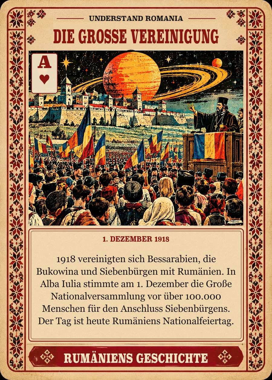 DIE GROSSE VEREINIGUNG — 1. Dezember 1918. 1918 vereinigten sich Bessarabien, die Bukowina und Siebenbürgen mit Rumänien. In Alba Iulia stimmte am 1. Dezember die Große Nationalversammlung vor über 100.000 Menschen für den Anschluss Siebenbürgens. Der Tag ist heute Rumäniens Nationalfeiertag.