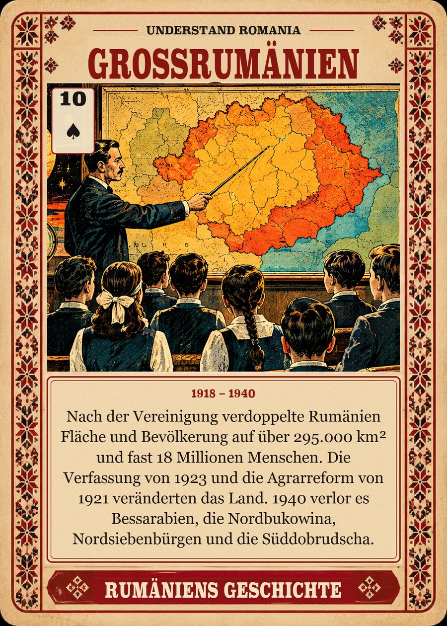 GROSSRUMÄNIEN — 1918 – 1940. Nach der Vereinigung verdoppelte Rumänien Fläche und Bevölkerung auf über 295.000 km² und fast 18 Millionen Menschen. Die Verfassung von 1923 und die Agrarreform von 1921 veränderten das Land. 1940 verlor es Bessarabien, die Nordbukowina, Nordsiebenbürgen und die Süddobrudscha.