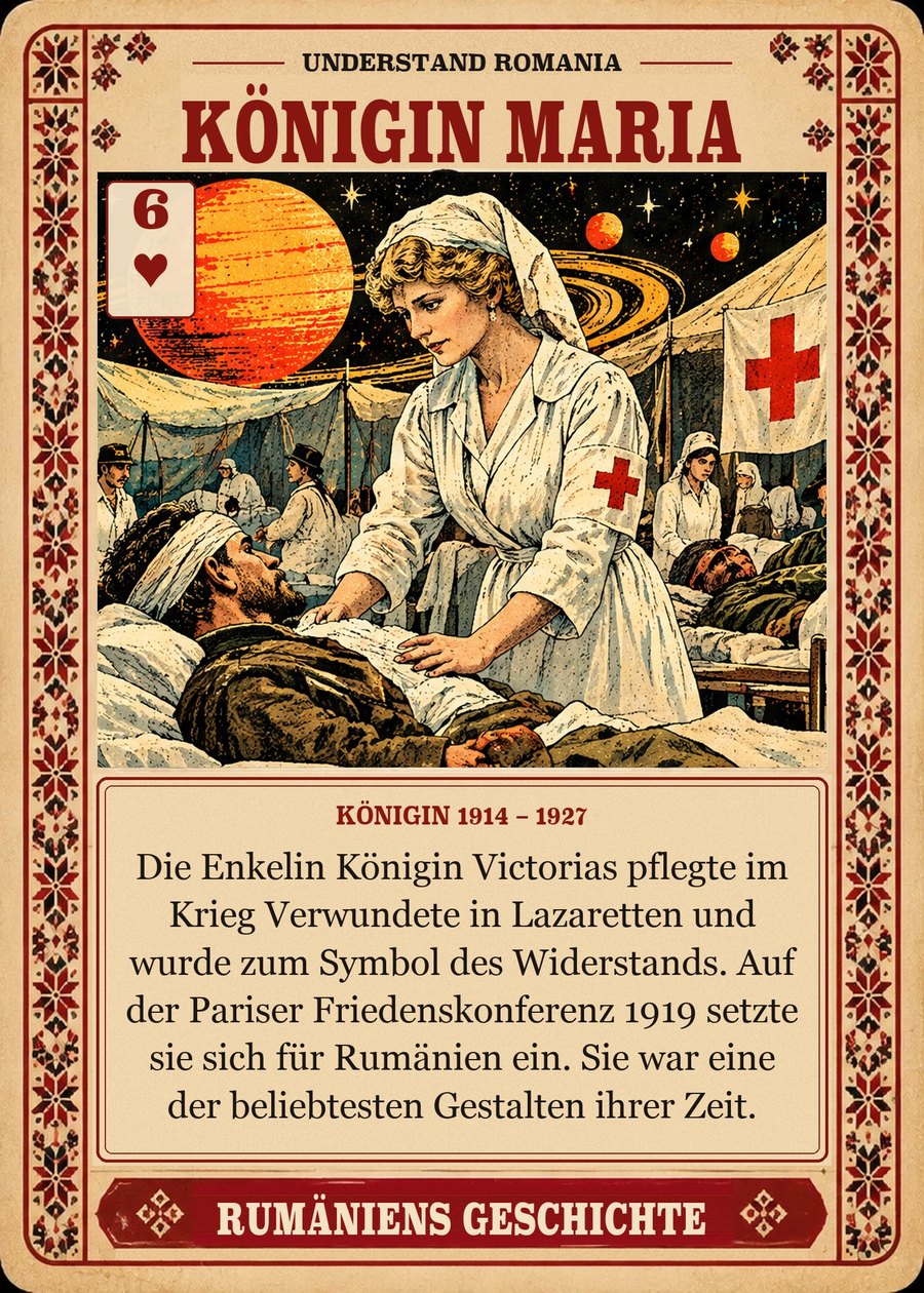 KÖNIGIN MARIA — Königin 1914 – 1927. Die Enkelin Königin Victorias pflegte im Krieg Verwundete in Lazaretten und wurde zum Symbol des Widerstands. Auf der Pariser Friedenskonferenz 1919 setzte sie sich für Rumänien ein. Sie war eine der beliebtesten Gestalten ihrer Zeit.