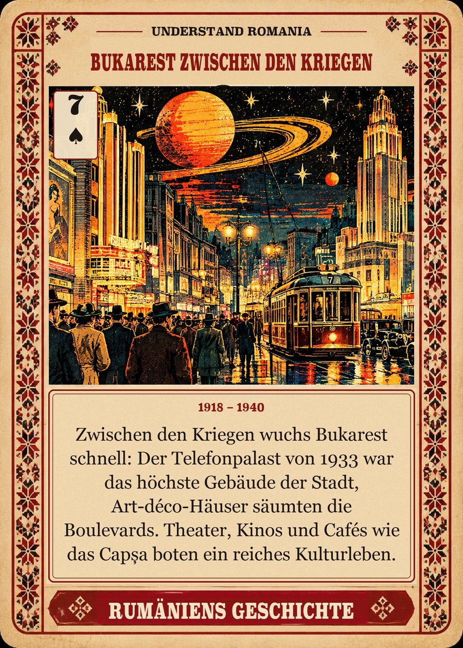 BUKAREST ZWISCHEN DEN KRIEGEN — 1918 – 1940. Zwischen den Kriegen wuchs Bukarest schnell: Der Telefonpalast von 1933 war das höchste Gebäude der Stadt, Art-déco-Häuser säumten die Boulevards. Theater, Kinos und Cafés wie das Capșa boten ein reiches Kulturleben.