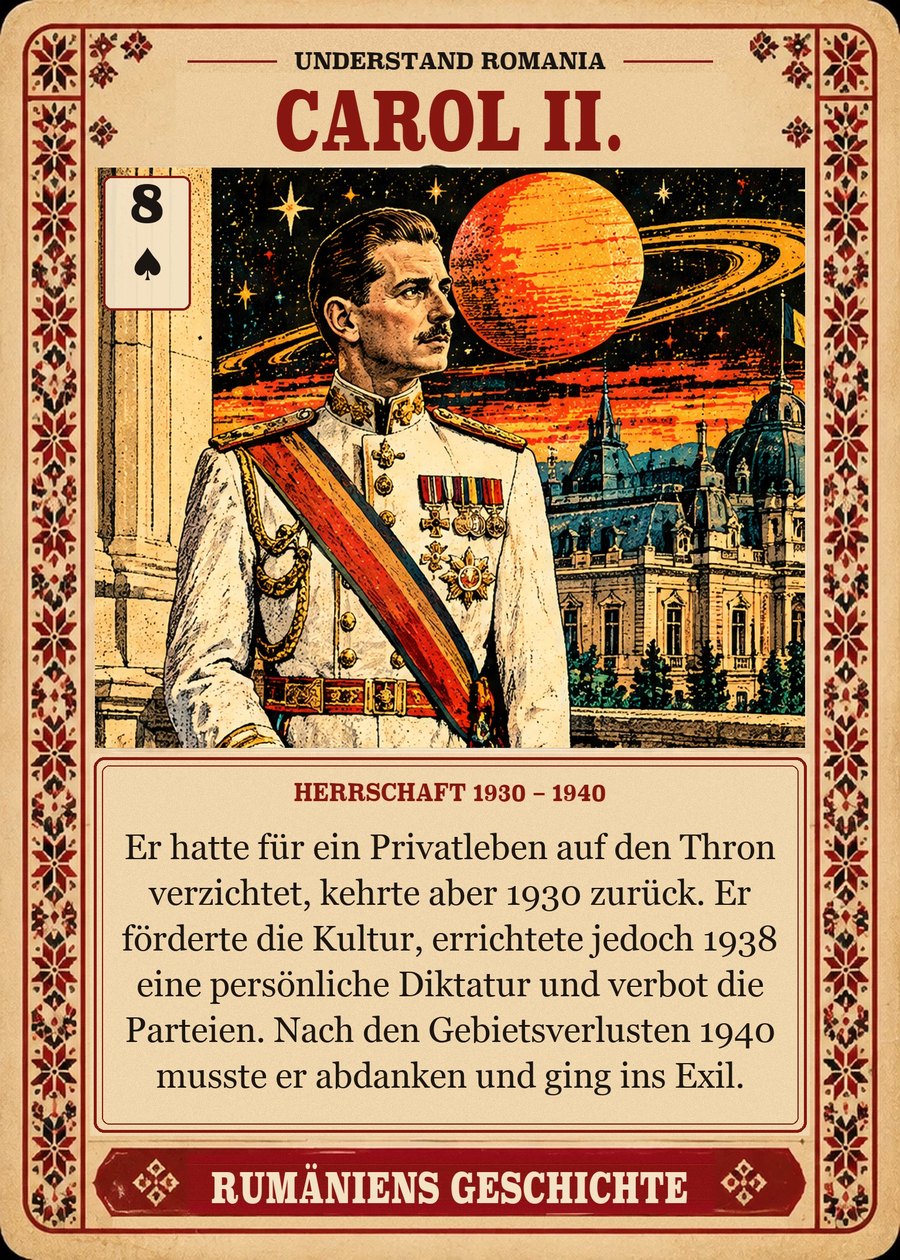 CAROL II. — Herrschaft 1930 – 1940. Er hatte für ein Privatleben auf den Thron verzichtet, kehrte aber 1930 zurück. Er förderte die Kultur, errichtete jedoch 1938 eine persönliche Diktatur und verbot die Parteien. Nach den Gebietsverlusten 1940 musste er abdanken und ging ins Exil.