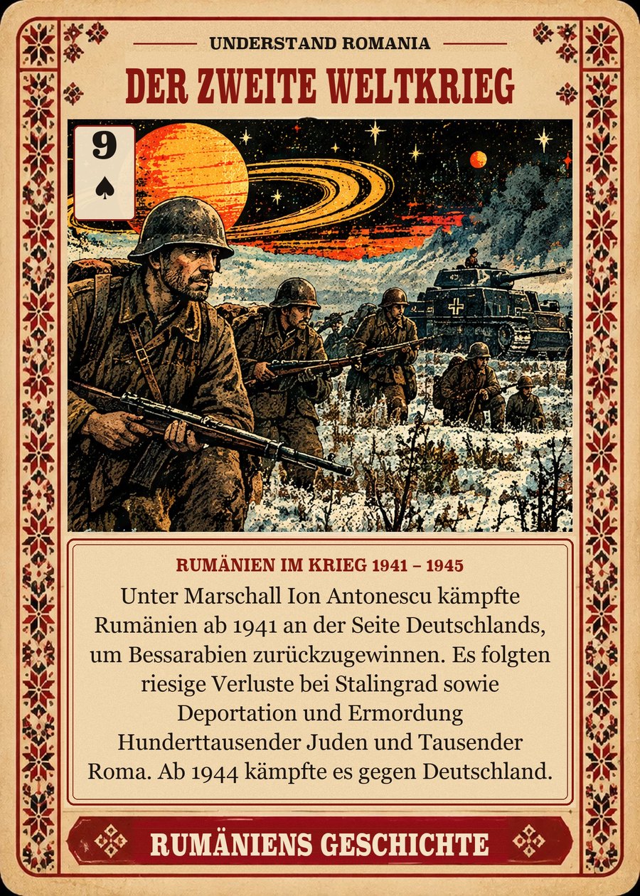 DER ZWEITE WELTKRIEG — Rumänien im Krieg 1941 – 1945. Unter Marschall Ion Antonescu kämpfte Rumänien ab 1941 an der Seite Deutschlands, um Bessarabien zurückzugewinnen. Es folgten riesige Verluste bei Stalingrad sowie Deportation und Ermordung Hunderttausender Juden und Tausender Roma. Ab 1944 kämpfte es gegen Deutschland.
