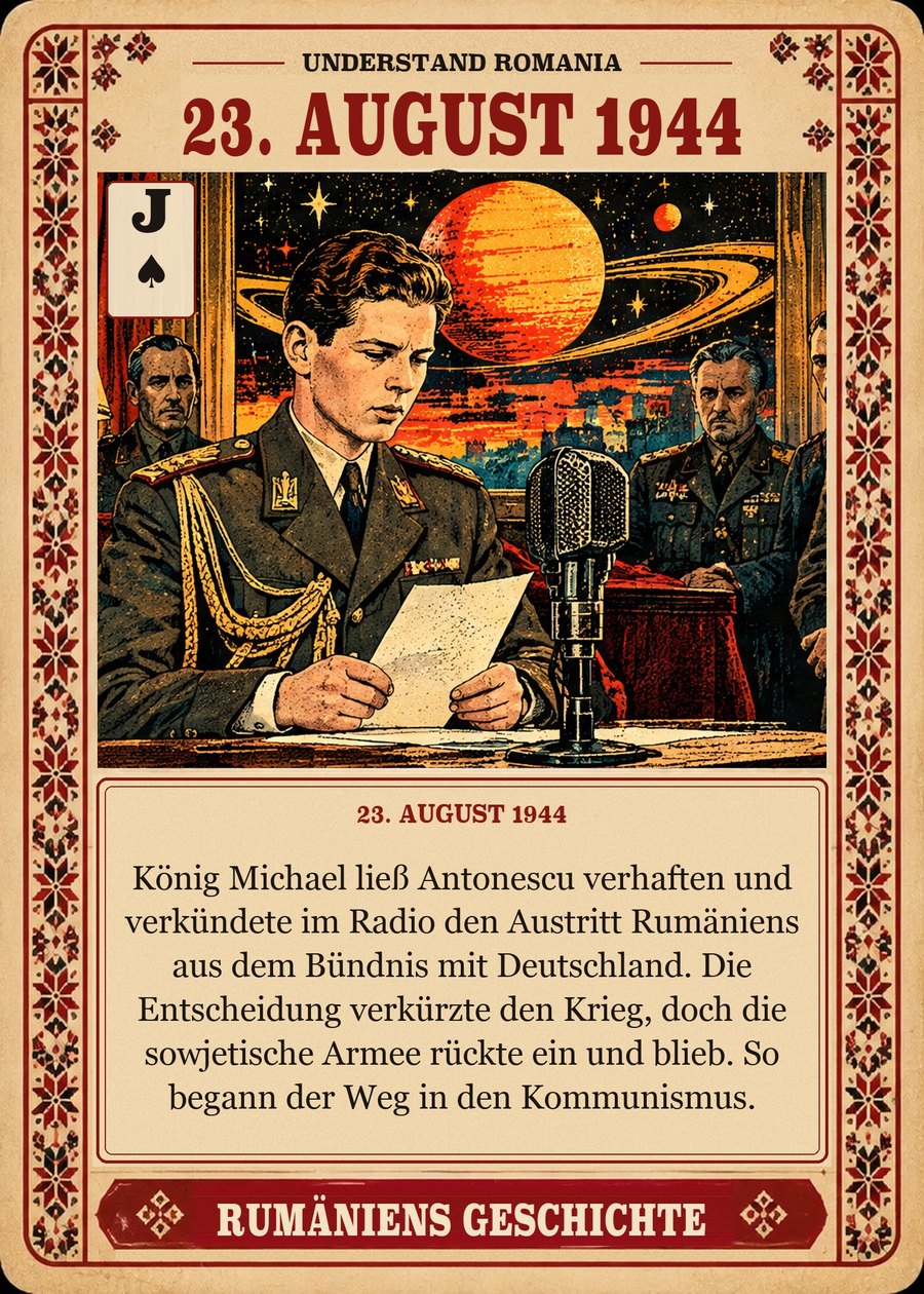 23. AUGUST 1944 — 23. August 1944. König Michael ließ Antonescu verhaften und verkündete im Radio den Austritt Rumäniens aus dem Bündnis mit Deutschland. Die Entscheidung verkürzte den Krieg, doch die sowjetische Armee rückte ein und blieb. So begann der Weg in den Kommunismus.