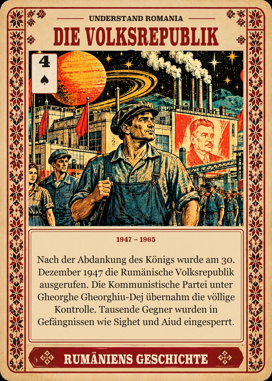 DIE VOLKSREPUBLIK — 1947 – 1965. Nach der Abdankung des Königs wurde am 30. Dezember 1947 die Rumänische Volksrepublik ausgerufen. Die Kommunistische Partei unter Gheorghe Gheorghiu-Dej übernahm die völlige Kontrolle. Tausende Gegner wurden in Gefängnissen wie Sighet und Aiud eingesperrt.