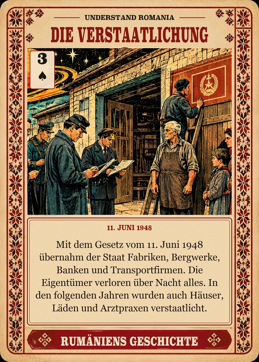 DIE VERSTAATLICHUNG — 11. Juni 1948. Mit dem Gesetz vom 11. Juni 1948 übernahm der Staat Fabriken, Bergwerke, Banken und Transportfirmen. Die Eigentümer verloren über Nacht alles. In den folgenden Jahren wurden auch Häuser, Läden und Arztpraxen verstaatlicht.