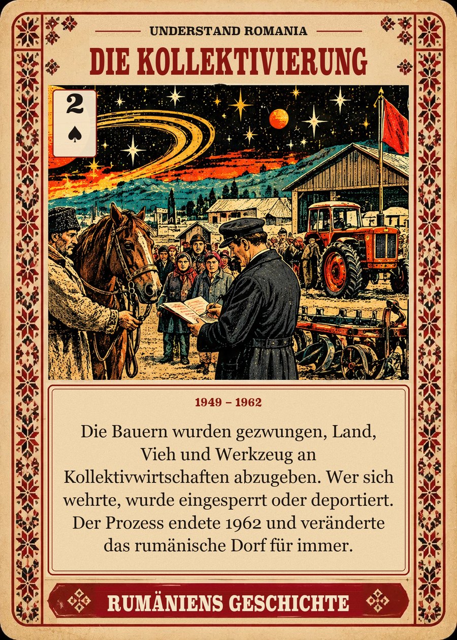 DIE KOLLEKTIVIERUNG — 1949 – 1962. Die Bauern wurden gezwungen, Land, Vieh und Werkzeug an Kollektivwirtschaften abzugeben. Wer sich wehrte, wurde eingesperrt oder deportiert. Der Prozess endete 1962 und veränderte das rumänische Dorf für immer.