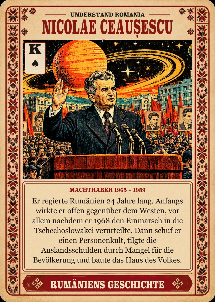 NICOLAE CEAUȘESCU — Machthaber 1965 – 1989. Er regierte Rumänien 24 Jahre lang. Anfangs wirkte er offen gegenüber dem Westen, vor allem nachdem er 1968 den Einmarsch in die Tschechoslowakei verurteilte. Dann schuf er einen Personenkult, tilgte die Auslandsschulden durch Mangel für die Bevölkerung und baute das Haus des Volkes.