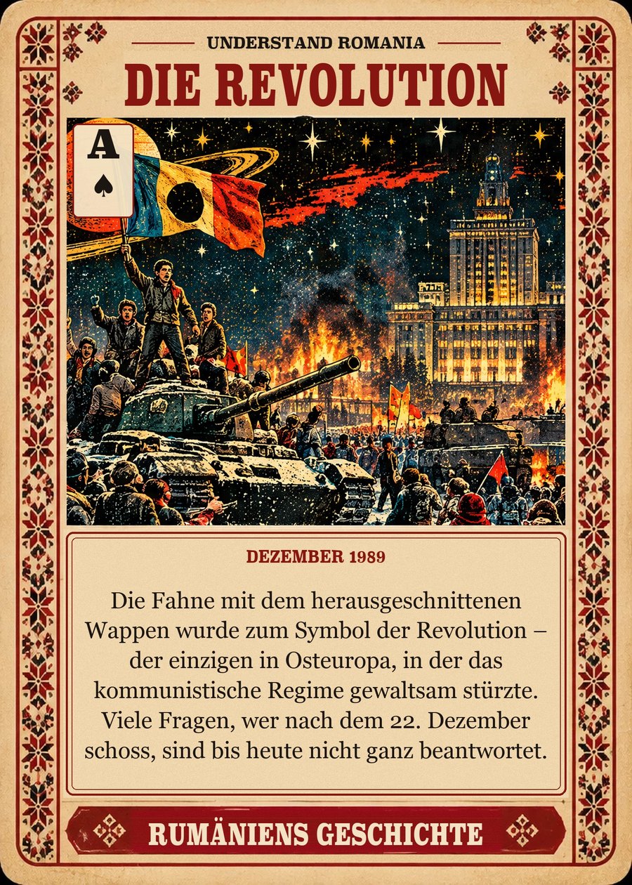 DIE REVOLUTION — Dezember 1989. Die Fahne mit dem herausgeschnittenen Wappen wurde zum Symbol der Revolution – der einzigen in Osteuropa, in der das kommunistische Regime gewaltsam stürzte. Viele Fragen, wer nach dem 22. Dezember schoss, sind bis heute nicht ganz beantwortet.