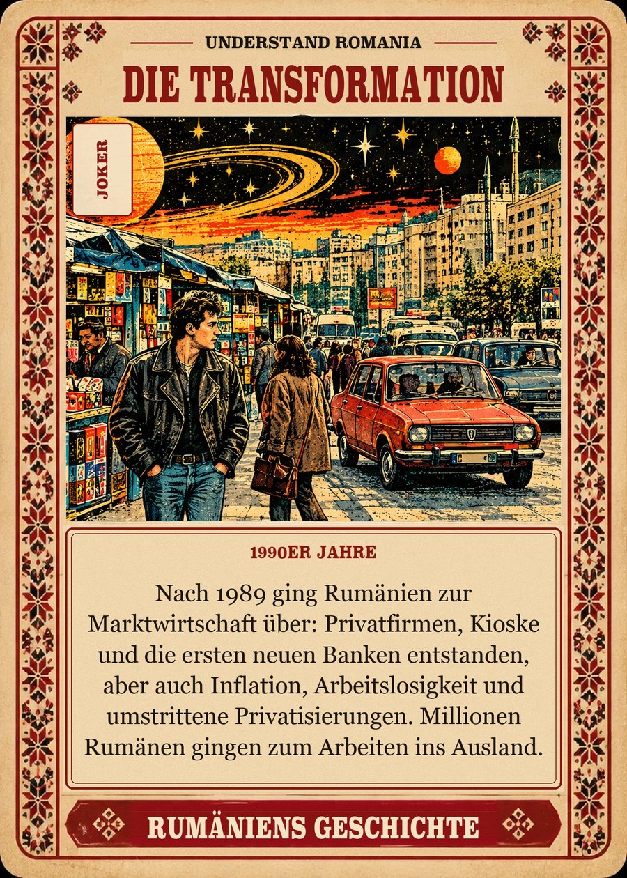 DIE TRANSFORMATION — 1990er Jahre. Nach 1989 ging Rumänien zur Marktwirtschaft über: Privatfirmen, Kioske und die ersten neuen Banken entstanden, aber auch Inflation, Arbeitslosigkeit und umstrittene Privatisierungen. Millionen Rumänen gingen zum Arbeiten ins Ausland.