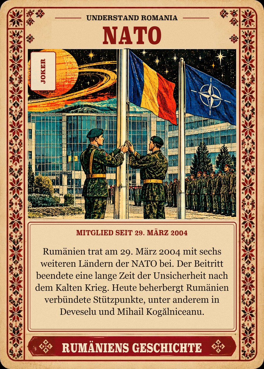 NATO — Mitglied seit 29. März 2004. Rumänien trat am 29. März 2004 mit sechs weiteren Ländern der NATO bei. Der Beitritt beendete eine lange Zeit der Unsicherheit nach dem Kalten Krieg. Heute beherbergt Rumänien verbündete Stützpunkte, unter anderem in Deveselu und Mihail Kogălniceanu.