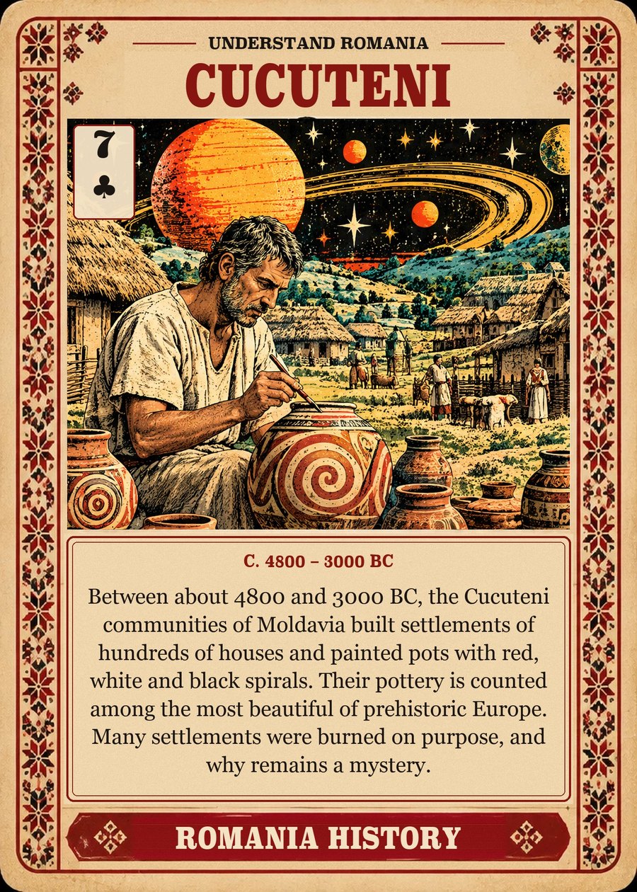 CUCUTENI — c. 4800 – 3000 BC. Between about 4800 and 3000 BC, the Cucuteni communities of Moldavia built settlements of hundreds of houses and painted pots with red, white and black spirals. Their pottery is counted among the most beautiful of prehistoric Europe. Many settlements were burned on purpose, and why remains a mystery.
