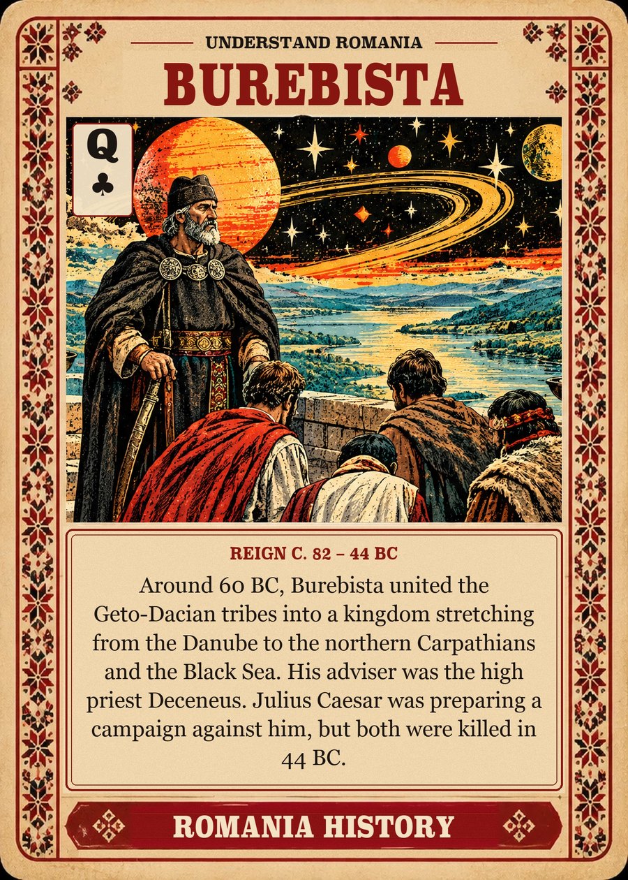 BUREBISTA — reign c. 82 – 44 BC. Around 60 BC, Burebista united the Geto-Dacian tribes into a kingdom stretching from the Danube to the northern Carpathians and the Black Sea. His adviser was the high priest Deceneus. Julius Caesar was preparing a campaign against him, but both were killed in 44 BC.