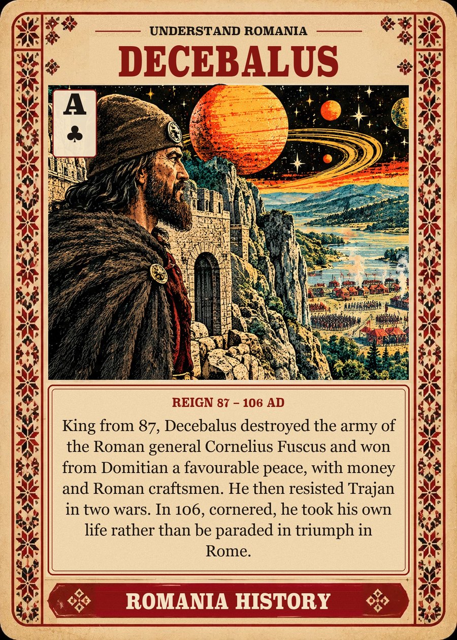 DECEBALUS — reign 87 – 106 AD. King from 87, Decebalus destroyed the army of the Roman general Cornelius Fuscus and won from Domitian a favourable peace, with money and Roman craftsmen. He then resisted Trajan in two wars. In 106, cornered, he took his own life rather than be paraded in triumph in Rome.