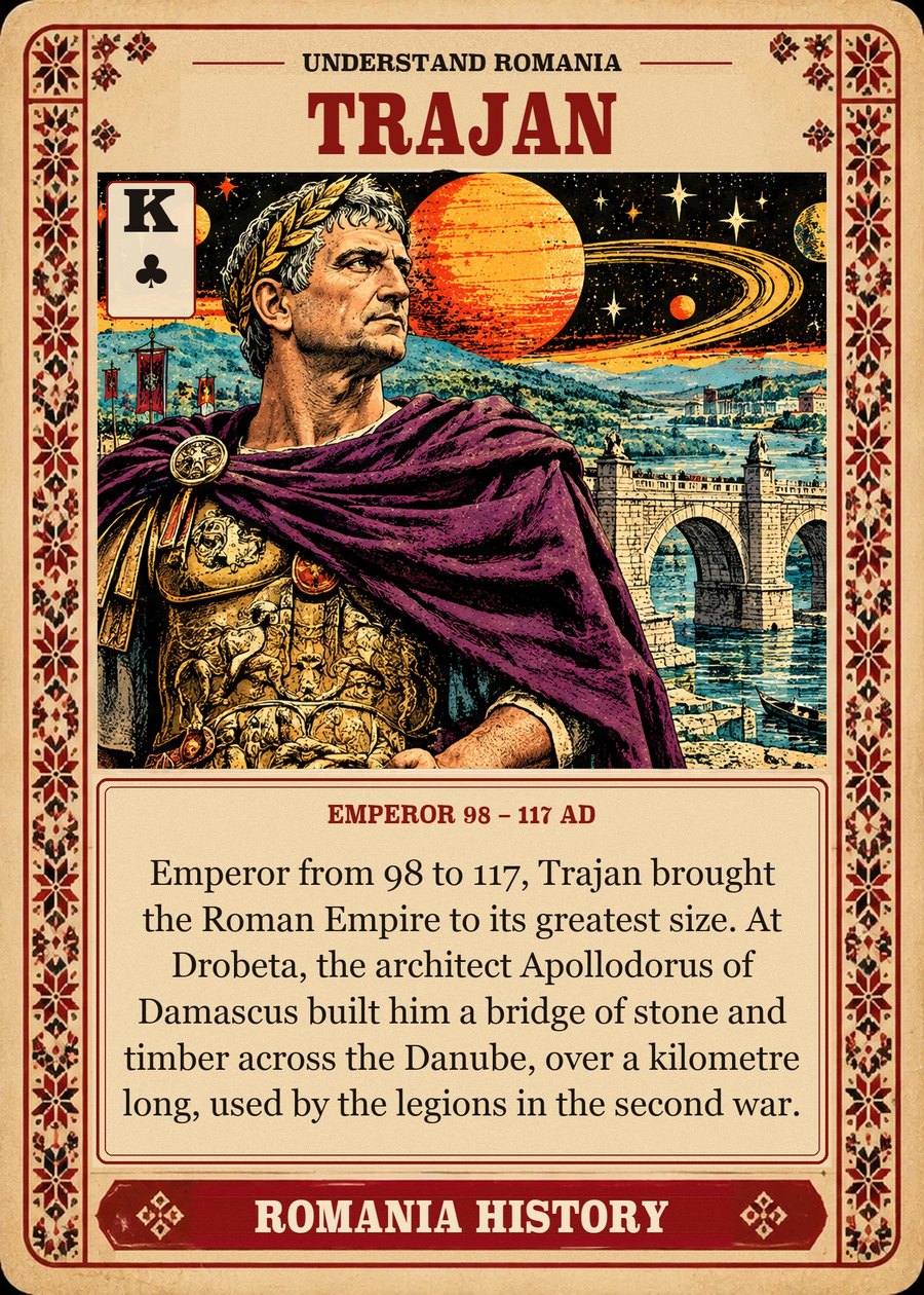 TRAJAN — emperor 98 – 117 AD. Emperor from 98 to 117, Trajan brought the Roman Empire to its greatest size. At Drobeta, the architect Apollodorus of Damascus built him a bridge of stone and timber across the Danube, over a kilometre long, used by the legions in the second war.