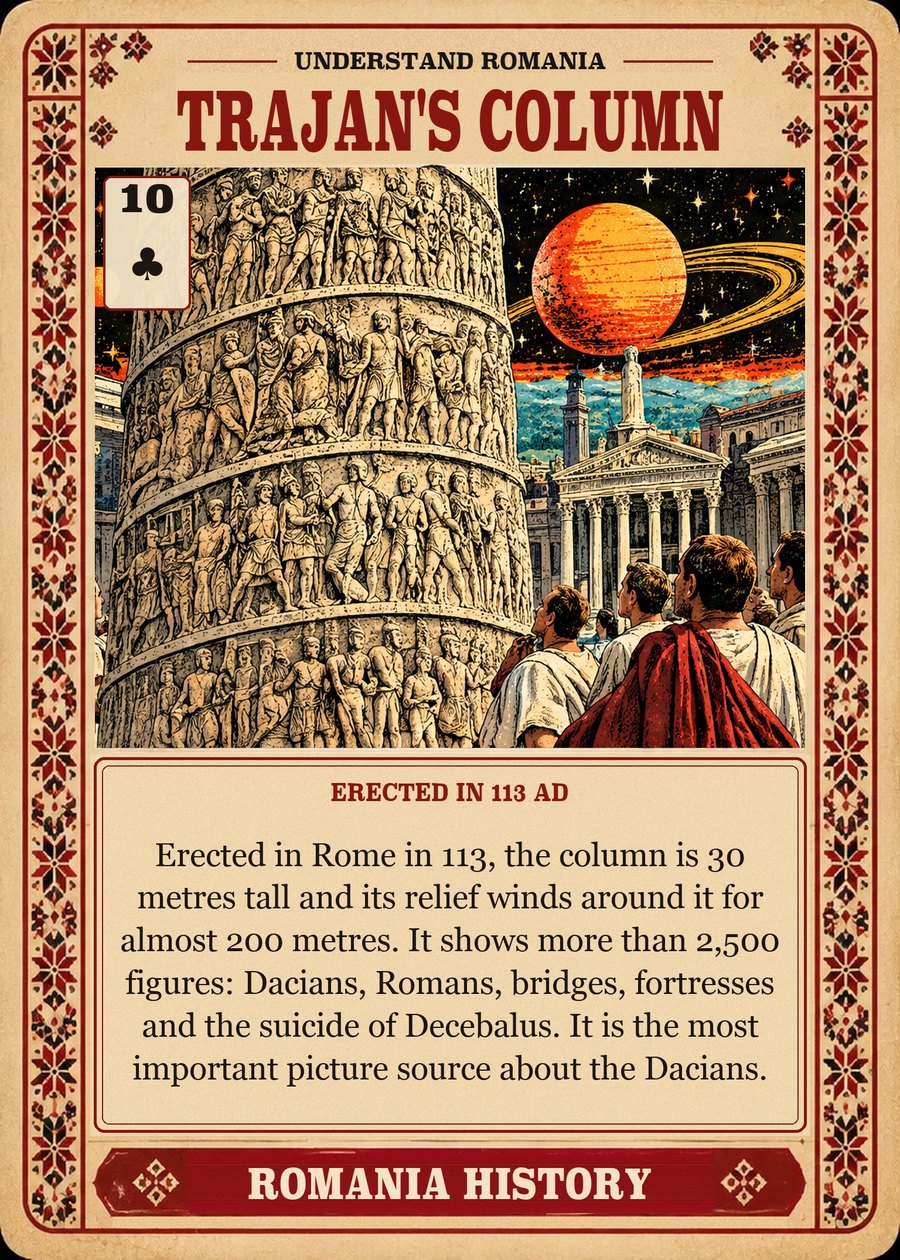 TRAJAN'S COLUMN — erected in 113 AD. Erected in Rome in 113, the column is 30 metres tall and its relief winds around it for almost 200 metres. It shows more than 2,500 figures: Dacians, Romans, bridges, fortresses and the suicide of Decebalus. It is the most important picture source about the Dacians.