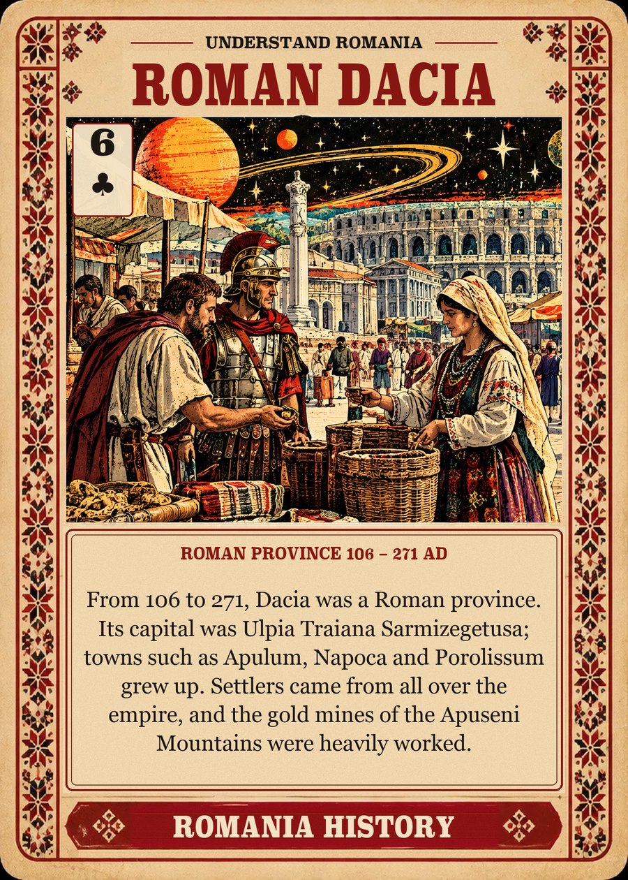 ROMAN DACIA — Roman province 106 – 271 AD. From 106 to 271, Dacia was a Roman province. Its capital was Ulpia Traiana Sarmizegetusa; towns such as Apulum, Napoca and Porolissum grew up. Settlers came from all over the empire, and the gold mines of the Apuseni Mountains were heavily worked.
