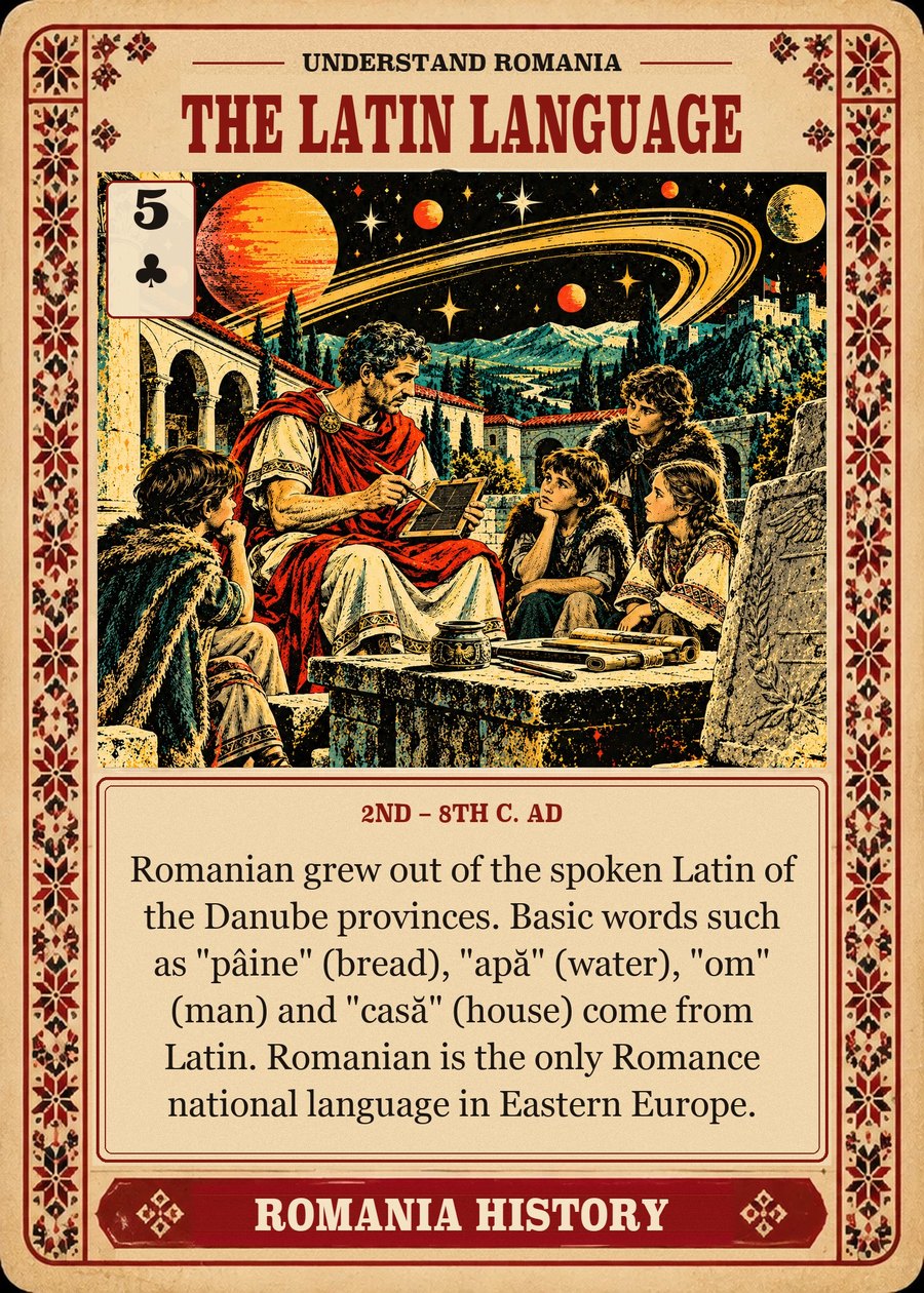 THE LATIN LANGUAGE — 2nd – 8th c. AD. Romanian grew out of the spoken Latin of the Danube provinces. Basic words such as "pâine" (bread), "apă" (water), "om" (man) and "casă" (house) come from Latin. Romanian is the only Romance national language in Eastern Europe.