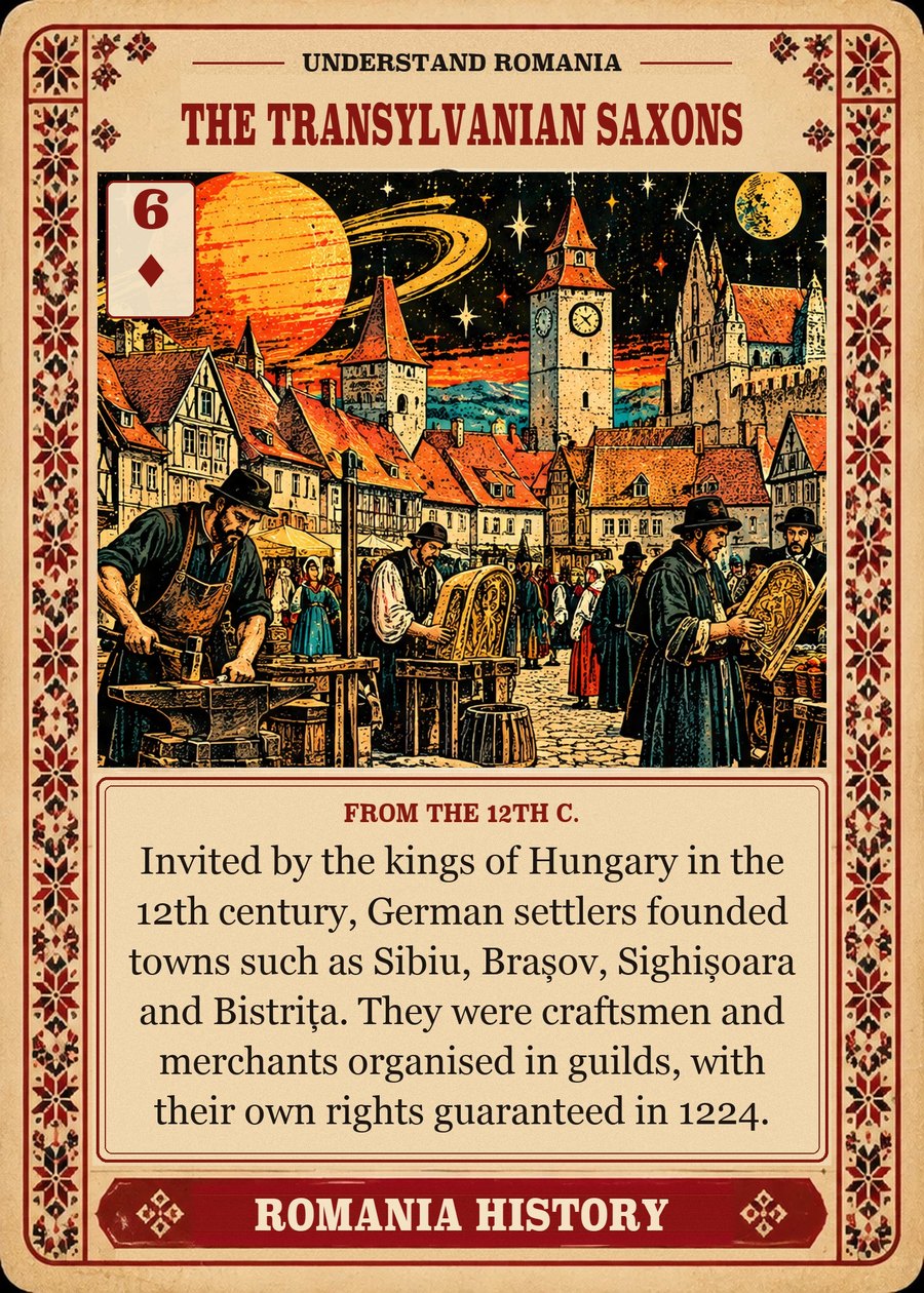 THE TRANSYLVANIAN SAXONS — from the 12th c.. Invited by the kings of Hungary in the 12th century, German settlers founded towns such as Sibiu, Brașov, Sighișoara and Bistrița. They were craftsmen and merchants organised in guilds, with their own rights guaranteed in 1224.