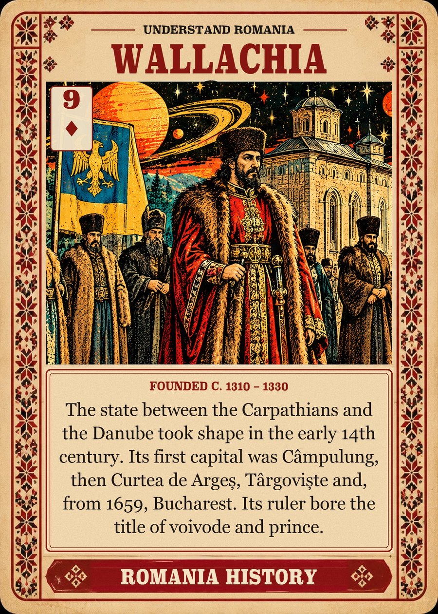 WALLACHIA — founded c. 1310 – 1330. The state between the Carpathians and the Danube took shape in the early 14th century. Its first capital was Câmpulung, then Curtea de Argeș, Târgoviște and, from 1659, Bucharest. Its ruler bore the title of voivode and prince.
