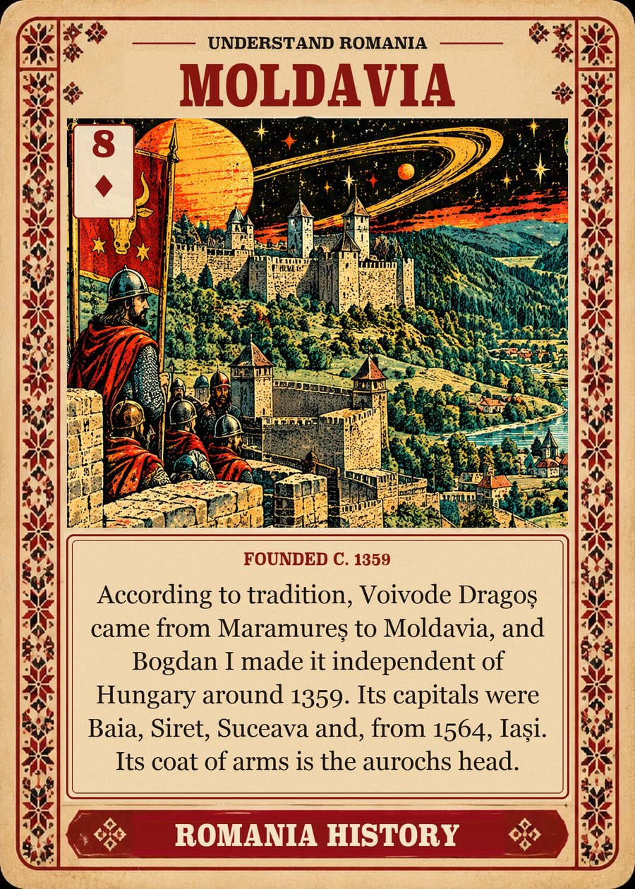 MOLDAVIA — founded c. 1359. According to tradition, Voivode Dragoș came from Maramureș to Moldavia, and Bogdan I made it independent of Hungary around 1359. Its capitals were Baia, Siret, Suceava and, from 1564, Iași. Its coat of arms is the aurochs head.