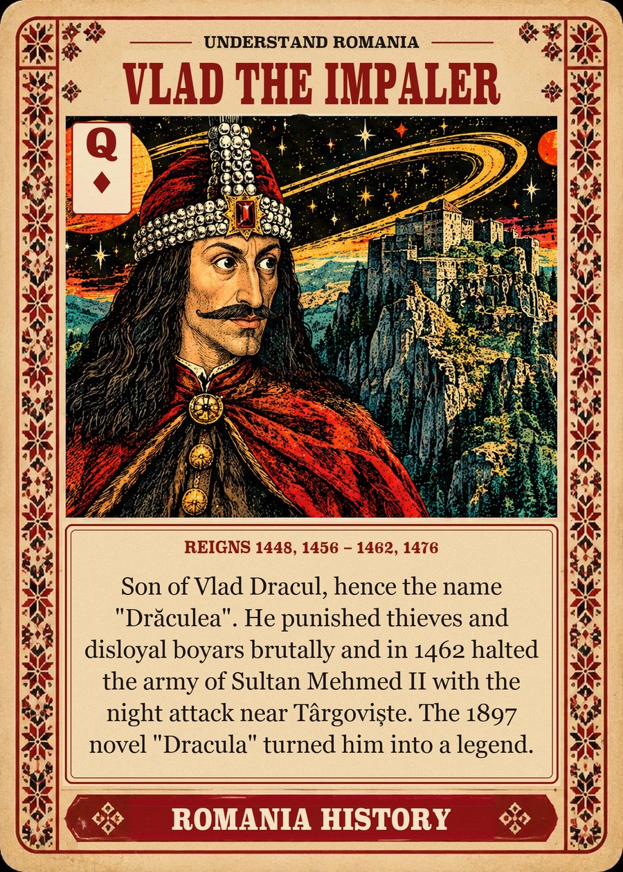VLAD THE IMPALER — reigns 1448, 1456 – 1462, 1476. Son of Vlad Dracul, hence the name "Drăculea". He punished thieves and disloyal boyars brutally and in 1462 halted the army of Sultan Mehmed II with the night attack near Târgoviște. The 1897 novel "Dracula" turned him into a legend.