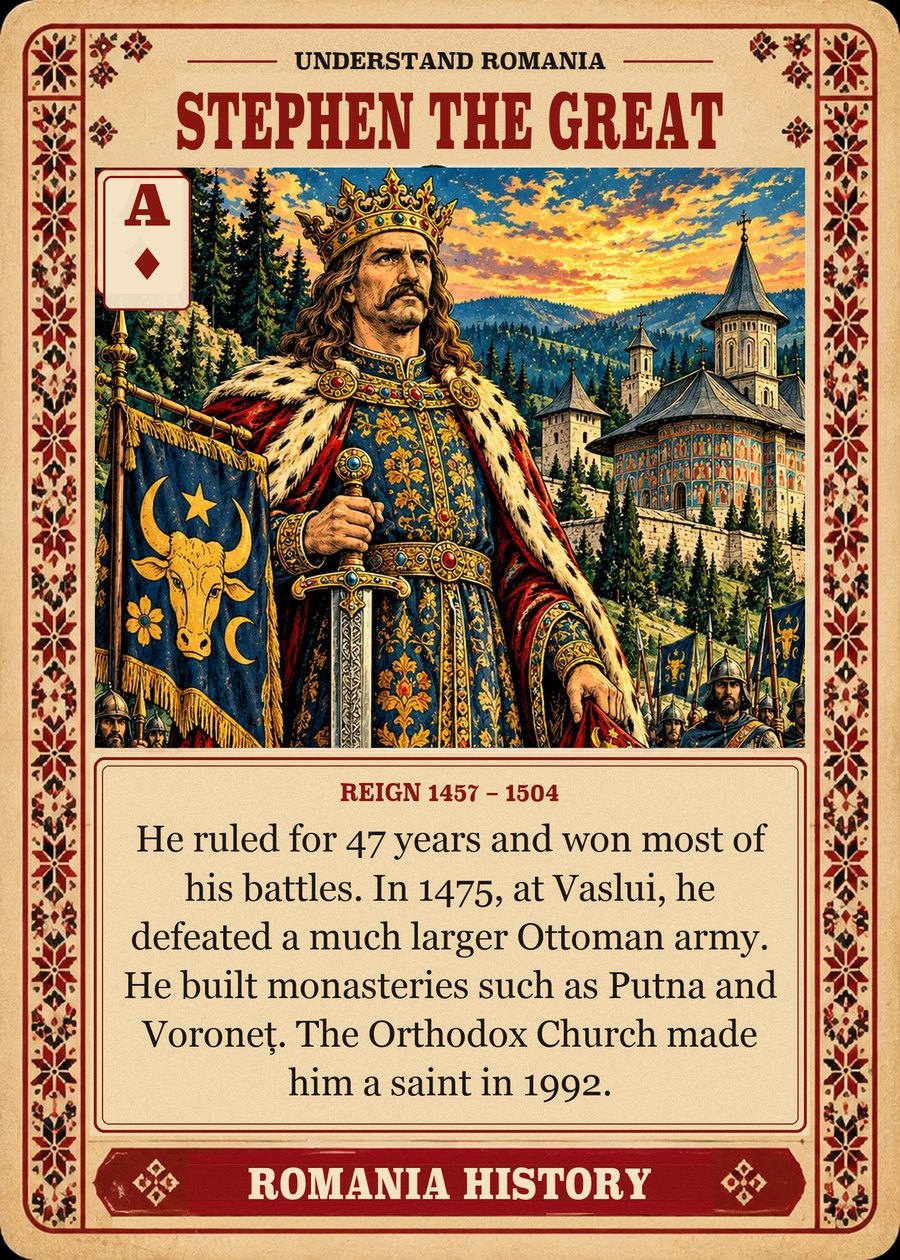 STEPHEN THE GREAT — reign 1457 – 1504. He ruled for 47 years and won most of his battles. In 1475, at Vaslui, he defeated a much larger Ottoman army. He built monasteries such as Putna and Voroneț. The Orthodox Church made him a saint in 1992.