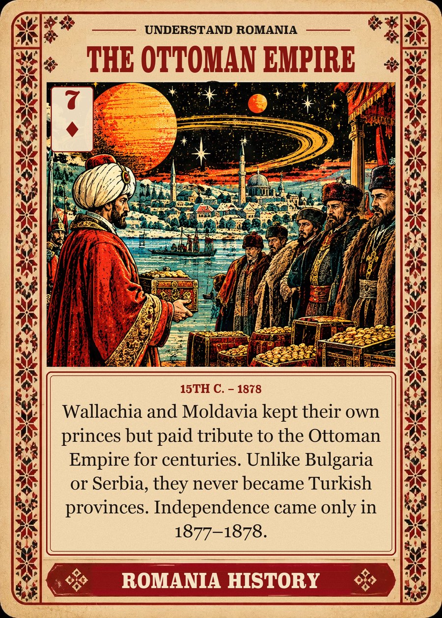 THE OTTOMAN EMPIRE — 15th c. – 1878. Wallachia and Moldavia kept their own princes but paid tribute to the Ottoman Empire for centuries. Unlike Bulgaria or Serbia, they never became Turkish provinces. Independence came only in 1877–1878.