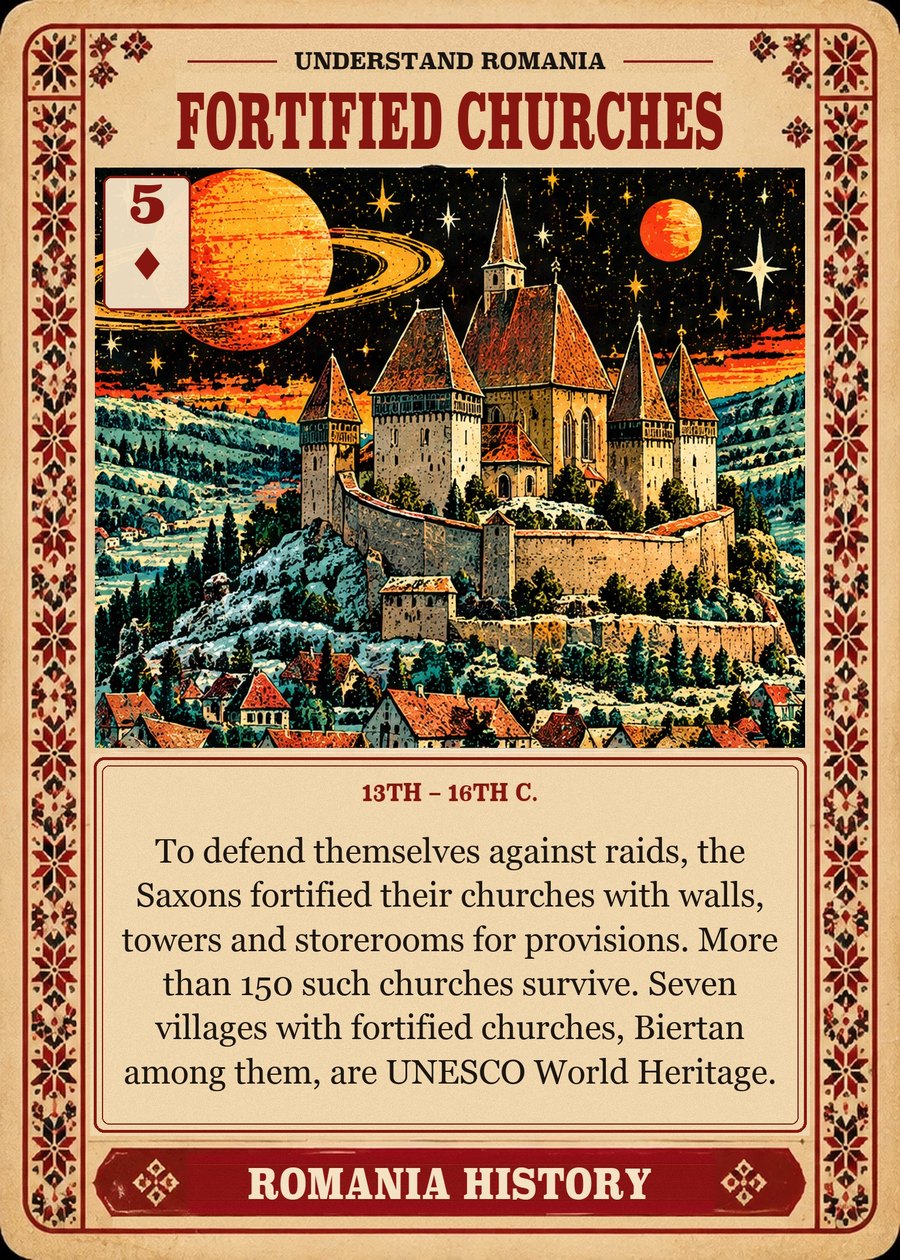 FORTIFIED CHURCHES — 13th – 16th c.. To defend themselves against raids, the Saxons fortified their churches with walls, towers and storerooms for provisions. More than 150 such churches survive. Seven villages with fortified churches, Biertan among them, are UNESCO World Heritage.