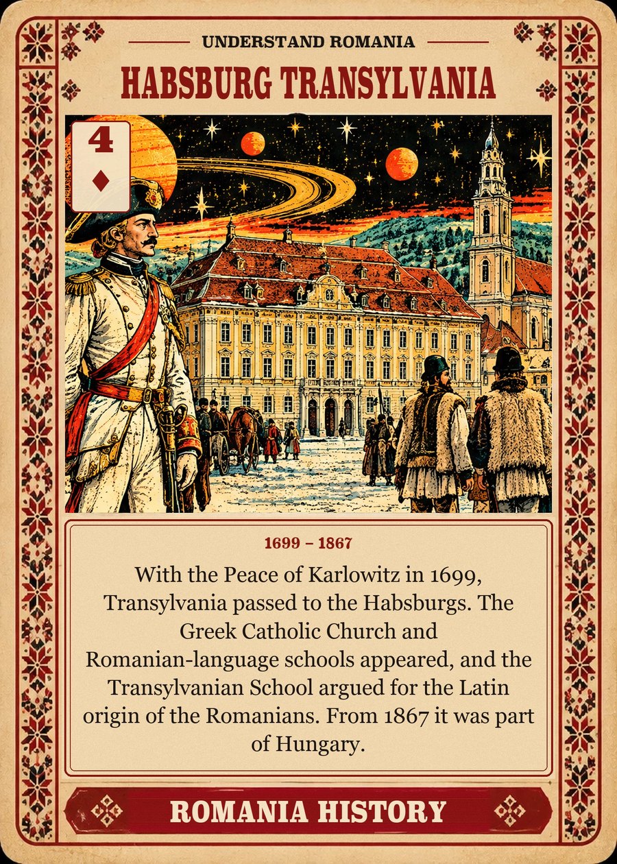 HABSBURG TRANSYLVANIA — 1699 – 1867. With the Peace of Karlowitz in 1699, Transylvania passed to the Habsburgs. The Greek Catholic Church and Romanian-language schools appeared, and the Transylvanian School argued for the Latin origin of the Romanians. From 1867 it was part of Hungary.