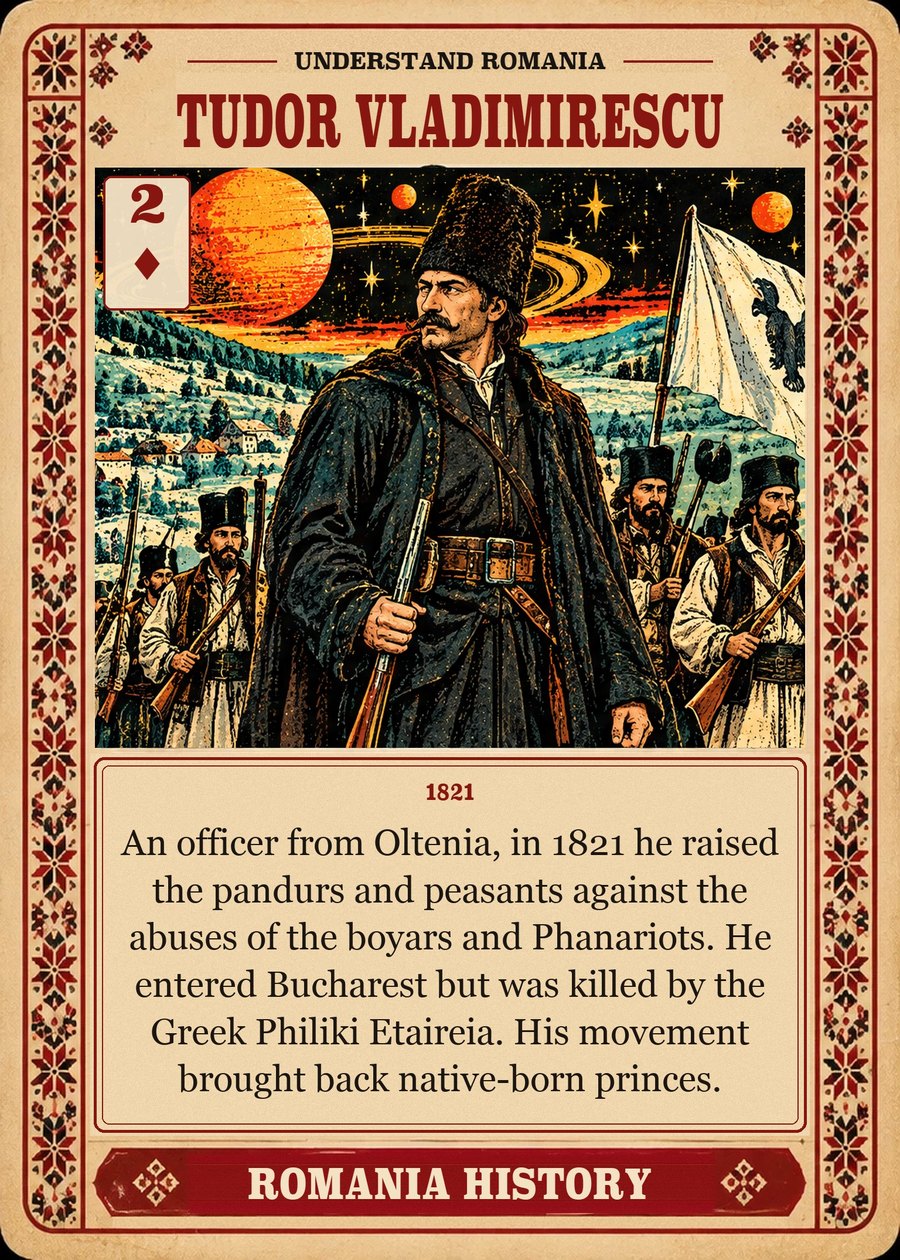 TUDOR VLADIMIRESCU — 1821. An officer from Oltenia, in 1821 he raised the pandurs and peasants against the abuses of the boyars and Phanariots. He entered Bucharest but was killed by the Greek Philiki Etaireia. His movement brought back native-born princes.