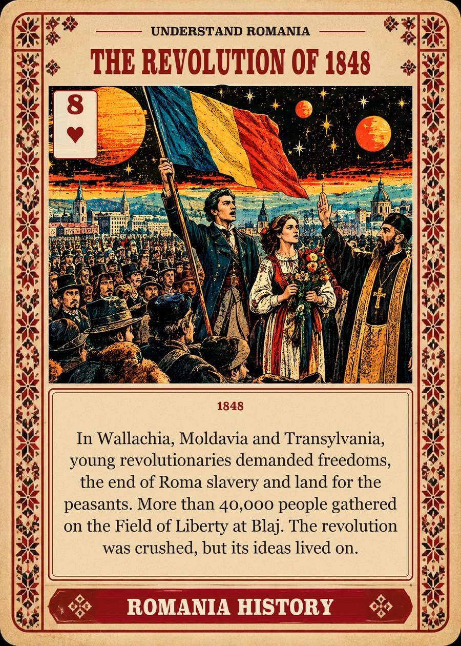 THE REVOLUTION OF 1848 — 1848. In Wallachia, Moldavia and Transylvania, young revolutionaries demanded freedoms, the end of Roma slavery and land for the peasants. More than 40,000 people gathered on the Field of Liberty at Blaj. The revolution was crushed, but its ideas lived on.