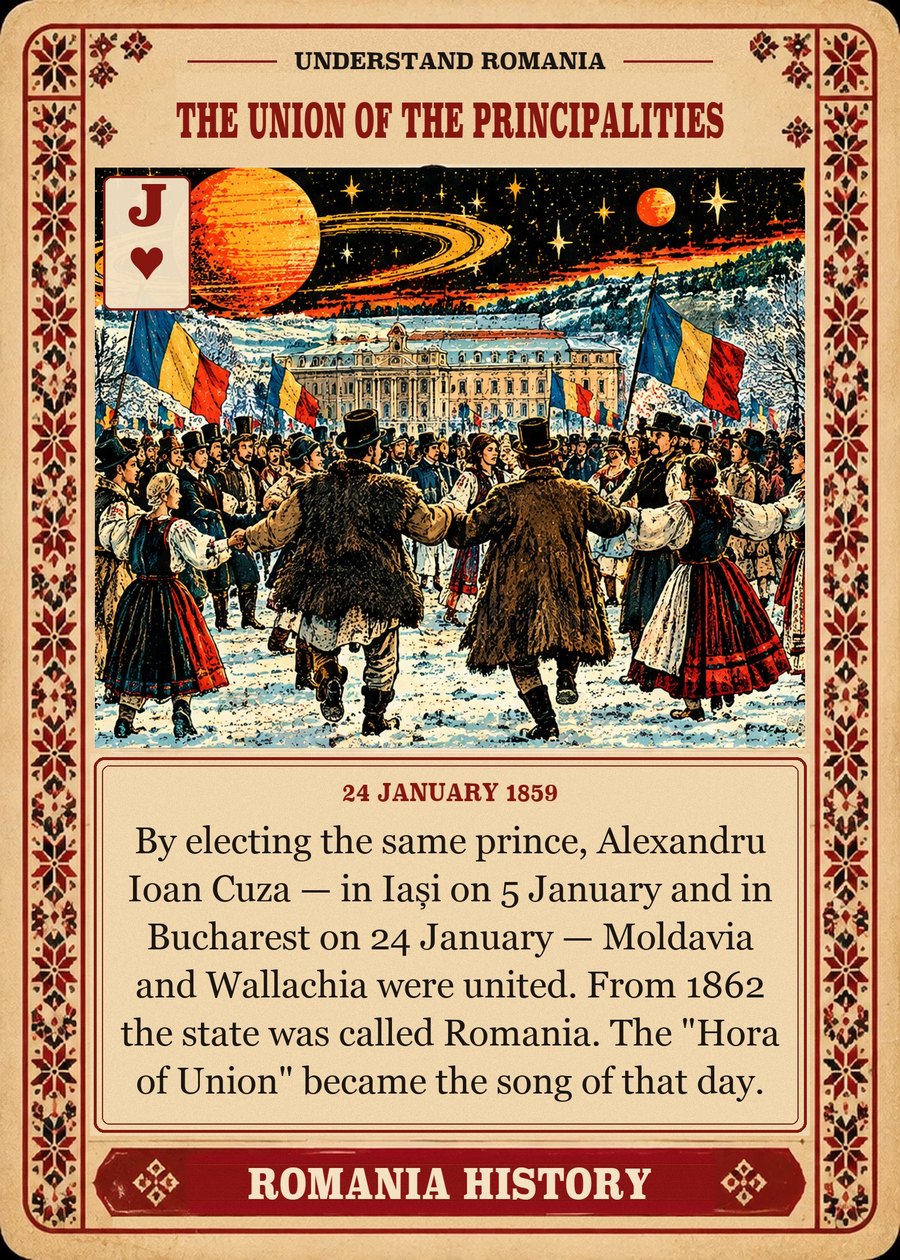 THE UNION OF THE PRINCIPALITIES — 24 January 1859. By electing the same prince, Alexandru Ioan Cuza — in Iași on 5 January and in Bucharest on 24 January — Moldavia and Wallachia were united. From 1862 the state was called Romania. The "Hora of Union" became the song of that day.