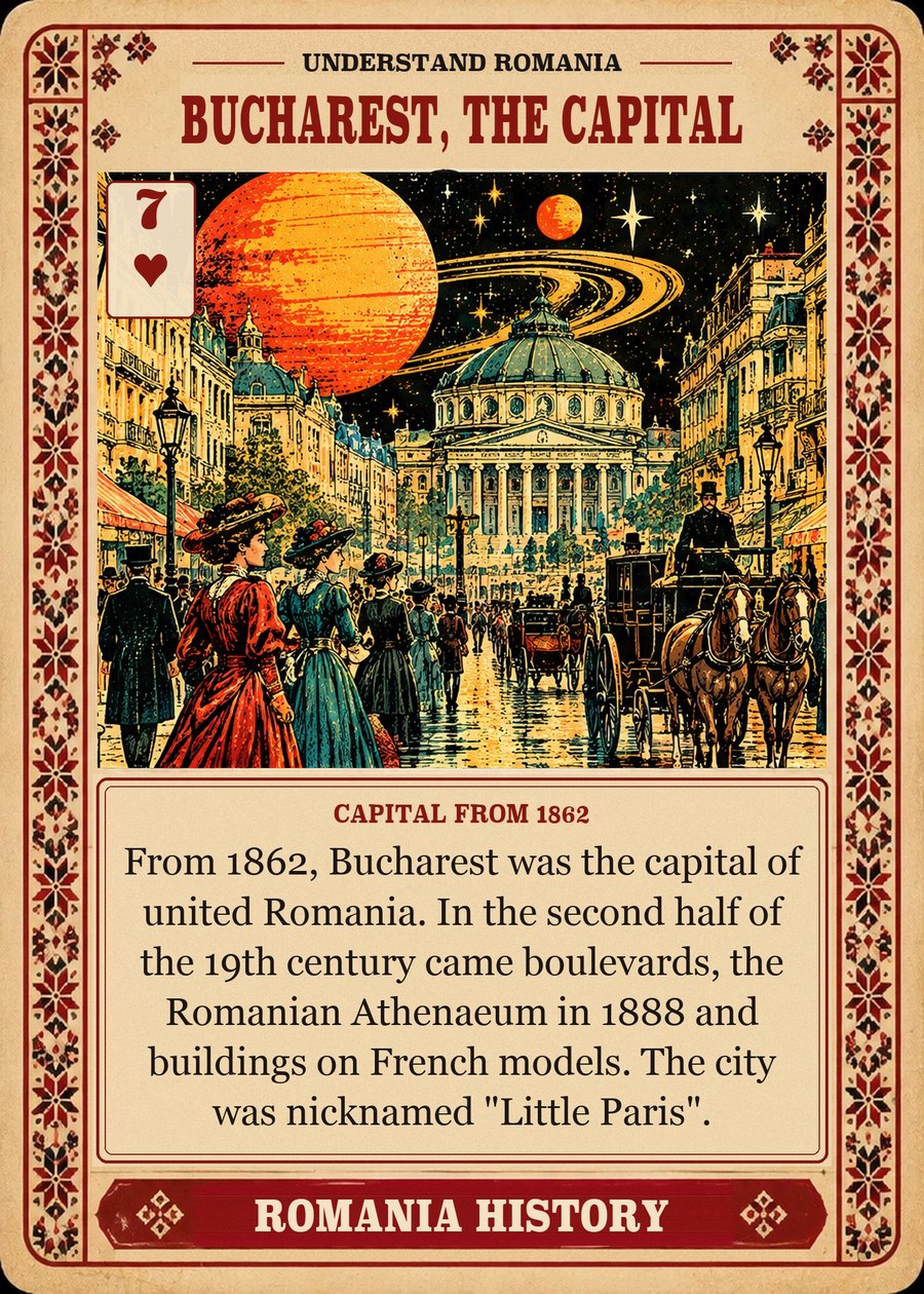 BUCHAREST, THE CAPITAL — capital from 1862. From 1862, Bucharest was the capital of united Romania. In the second half of the 19th century came boulevards, the Romanian Athenaeum in 1888 and buildings on French models. The city was nicknamed "Little Paris".
