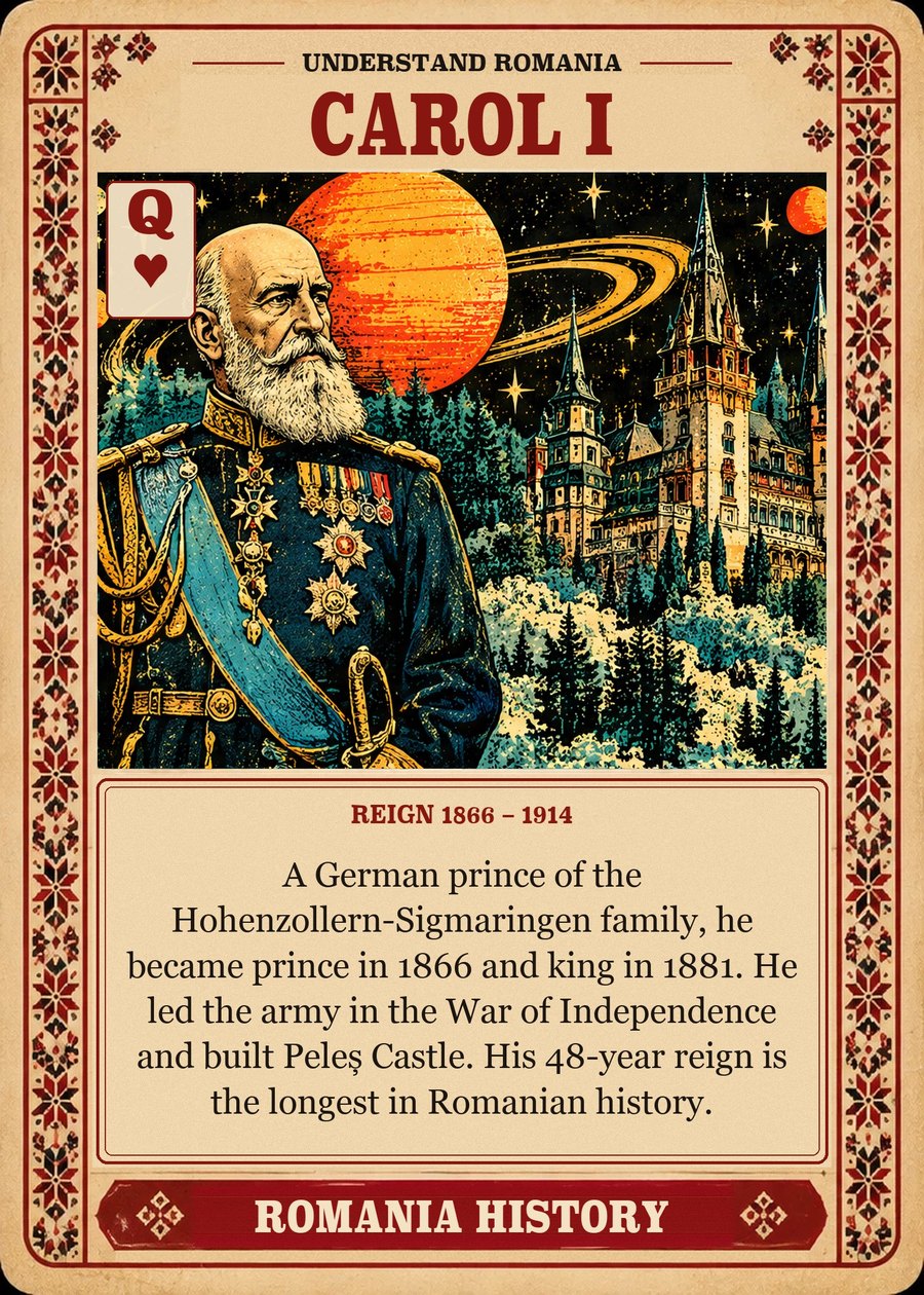 CAROL I — reign 1866 – 1914. A German prince of the Hohenzollern-Sigmaringen family, he became prince in 1866 and king in 1881. He led the army in the War of Independence and built Peleș Castle. His 48-year reign is the longest in Romanian history.
