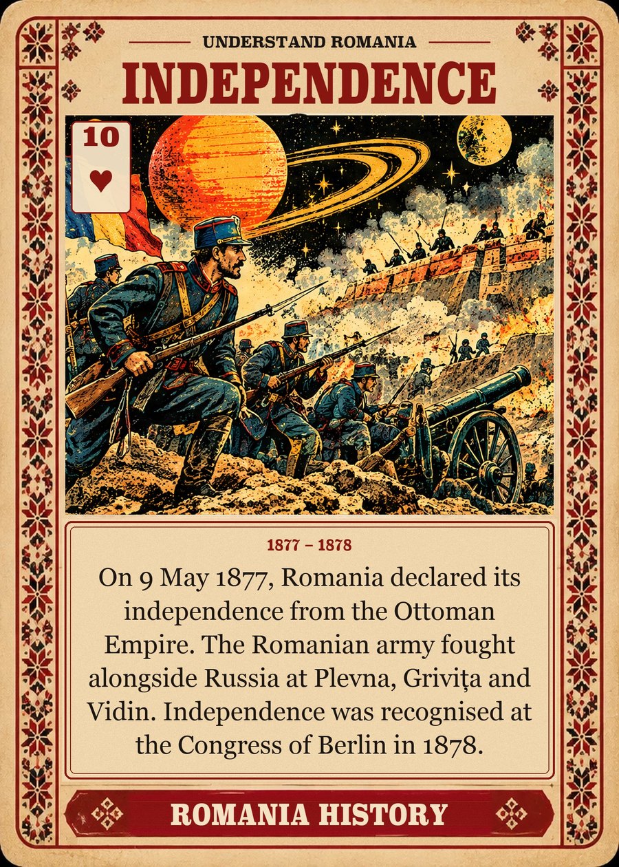 INDEPENDENCE — 1877 – 1878. On 9 May 1877, Romania declared its independence from the Ottoman Empire. The Romanian army fought alongside Russia at Plevna, Grivița and Vidin. Independence was recognised at the Congress of Berlin in 1878.